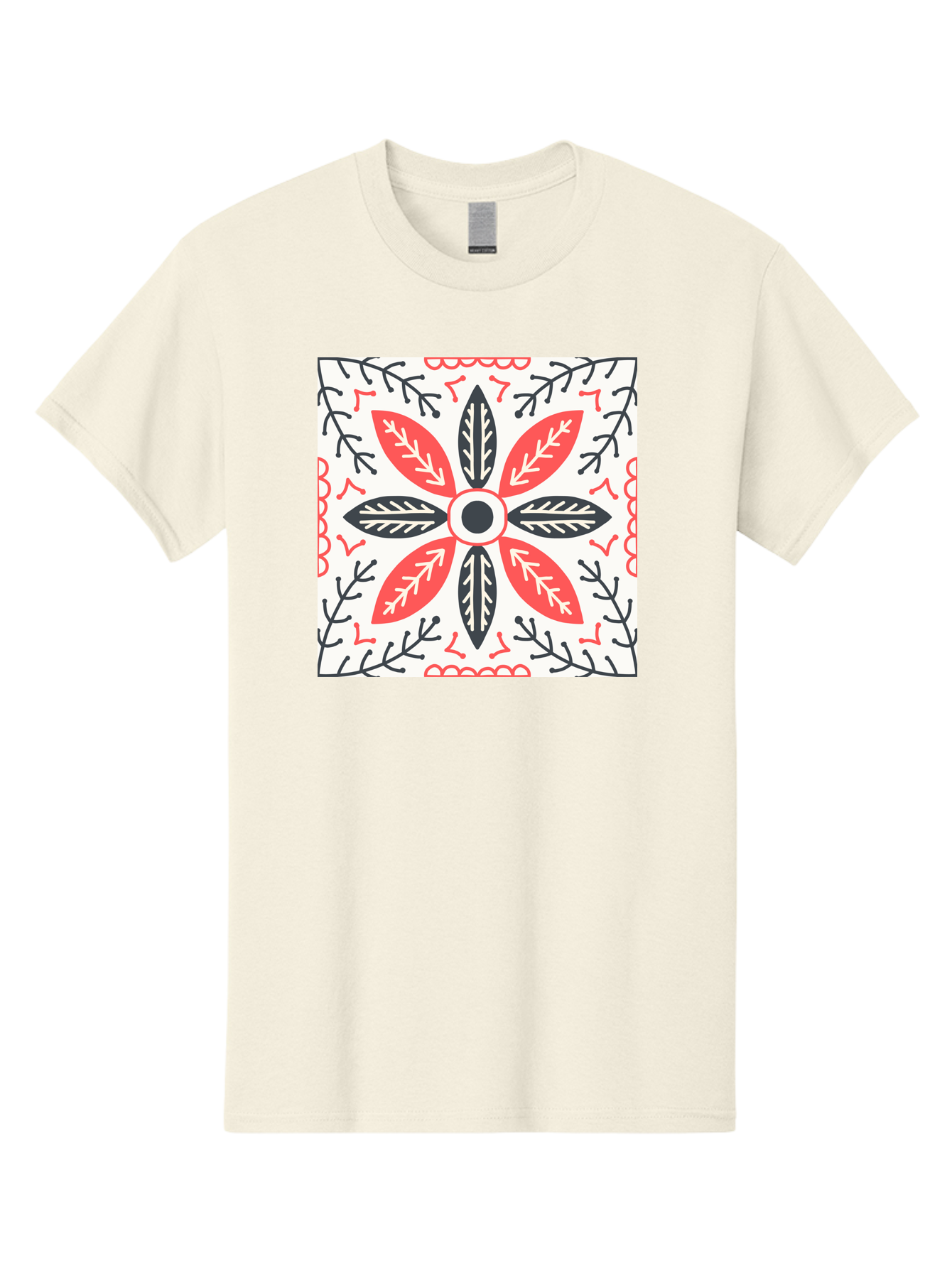 Floral-Pattern-6 Men'S Graphic Tee, 100% Cotton, Comfortable Casual Summer Wear, Machine Washable, Symmetrical Floral Design, Folk Art, Traditional Patterns, Red And Black Hues, Intricate Details, Decorative Elements, Ornate Style, Aab716