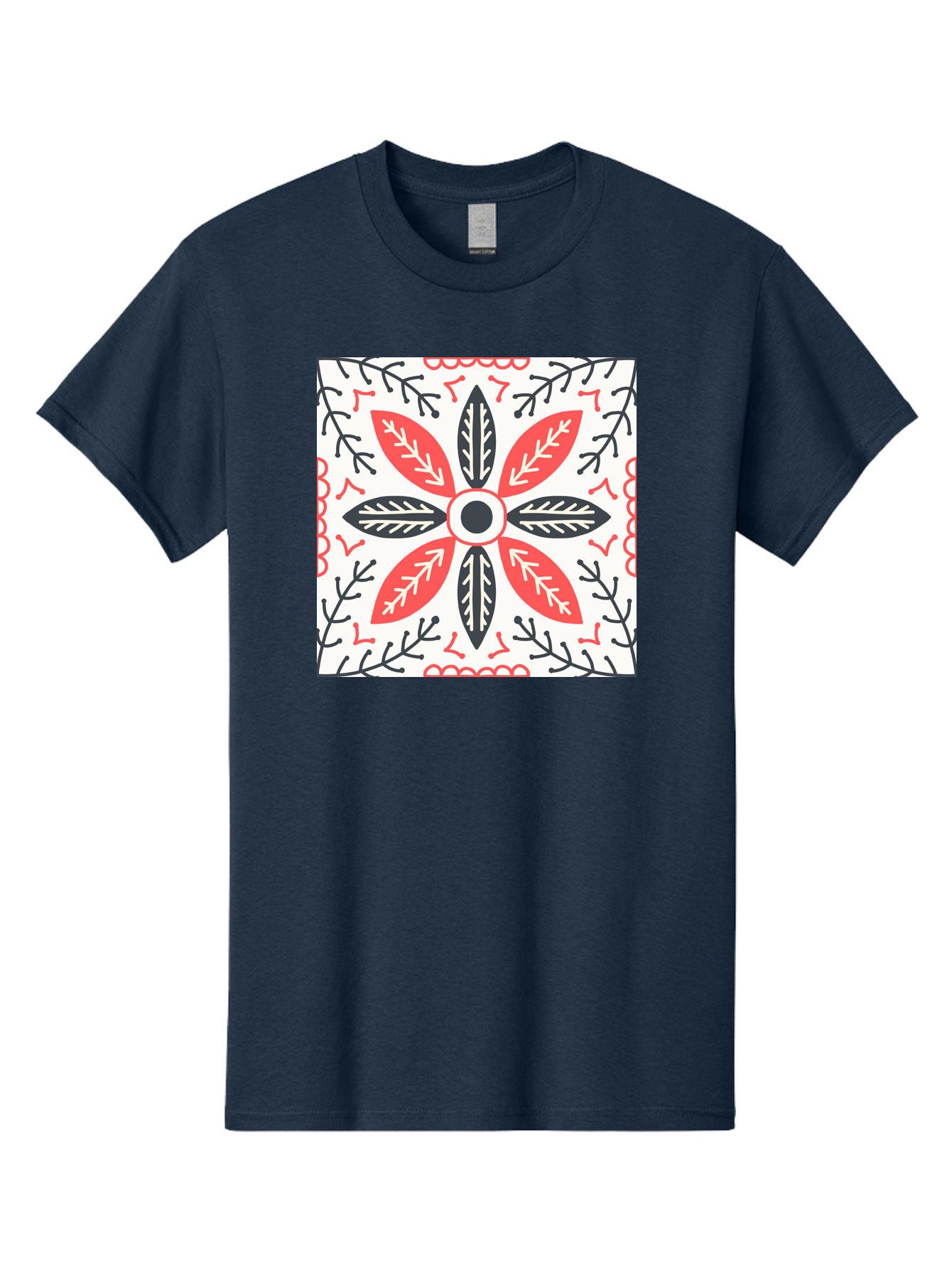 Floral-Pattern-6 Men'S Graphic Tee, 100% Cotton, Comfortable Casual Summer Wear, Machine Washable, Symmetrical Floral Design, Folk Art, Traditional Patterns, Red And Black Hues, Intricate Details, Decorative Elements, Ornate Style, Aab716
