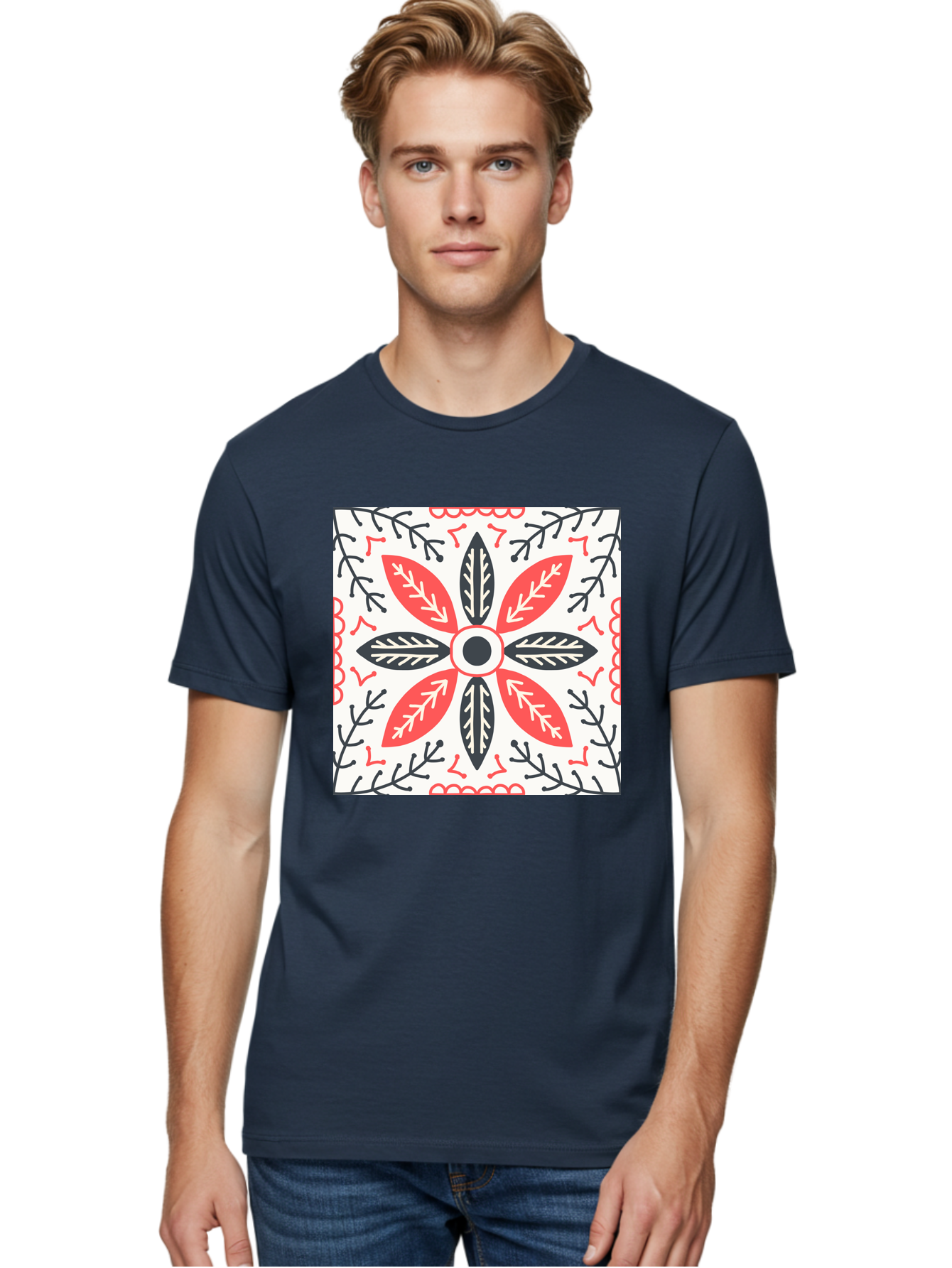 Floral-Pattern-6 Men'S Graphic Tee, 100% Cotton, Comfortable Casual Summer Wear, Machine Washable, Symmetrical Floral Design, Folk Art, Traditional Patterns, Red And Black Hues, Intricate Details, Decorative Elements, Ornate Style, Aab716