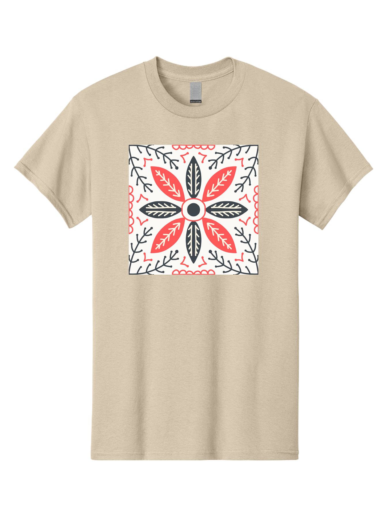 Floral-Pattern-6 Men'S Graphic Tee, 100% Cotton, Comfortable Casual Summer Wear, Machine Washable, Symmetrical Floral Design, Folk Art, Traditional Patterns, Red And Black Hues, Intricate Details, Decorative Elements, Ornate Style, Aab716