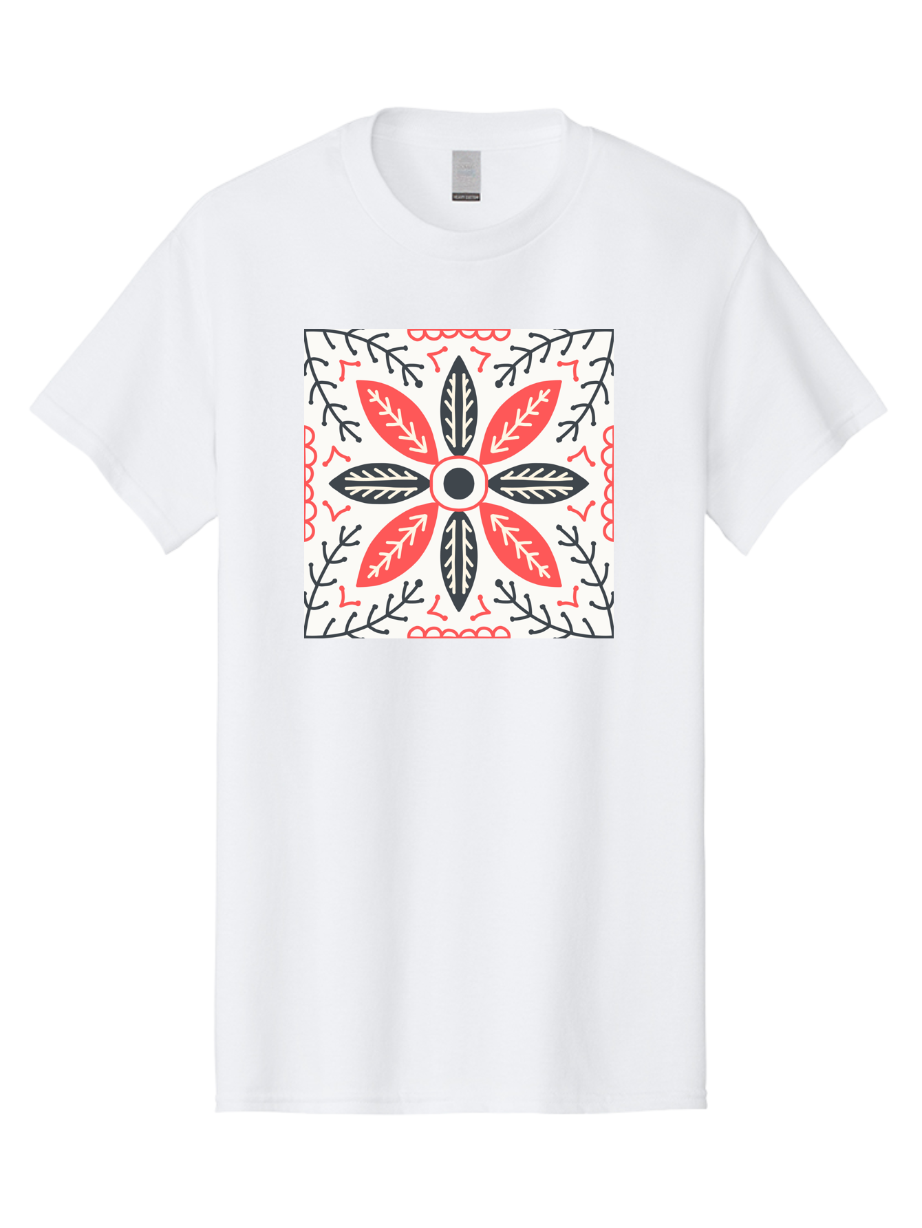 Floral-Pattern-6 Men'S Graphic Tee, 100% Cotton, Comfortable Casual Summer Wear, Machine Washable, Symmetrical Floral Design, Folk Art, Traditional Patterns, Red And Black Hues, Intricate Details, Decorative Elements, Ornate Style, Aab716