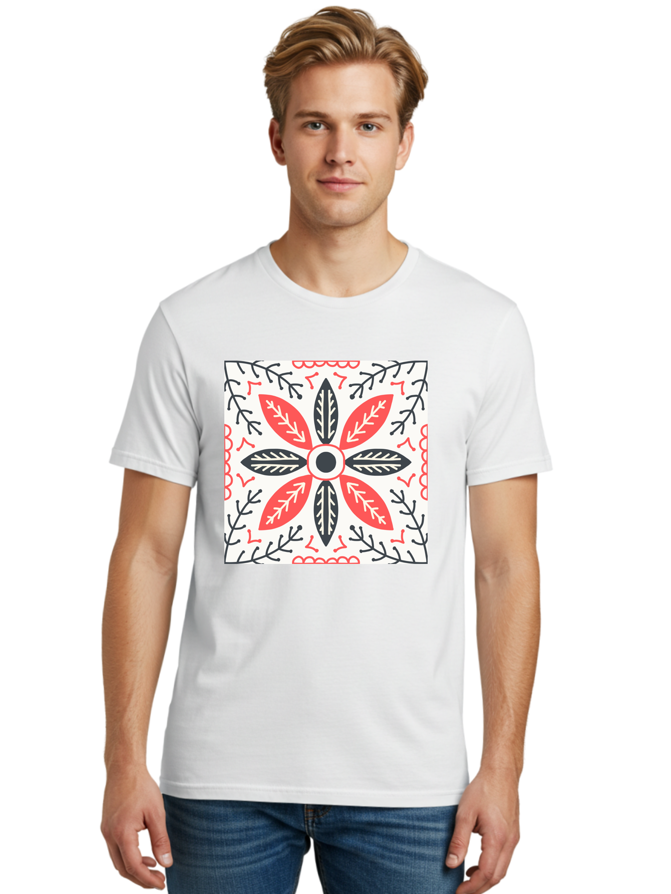 Floral-Pattern-6 Men'S Graphic Tee, 100% Cotton, Comfortable Casual Summer Wear, Machine Washable, Symmetrical Floral Design, Folk Art, Traditional Patterns, Red And Black Hues, Intricate Details, Decorative Elements, Ornate Style, Aab716