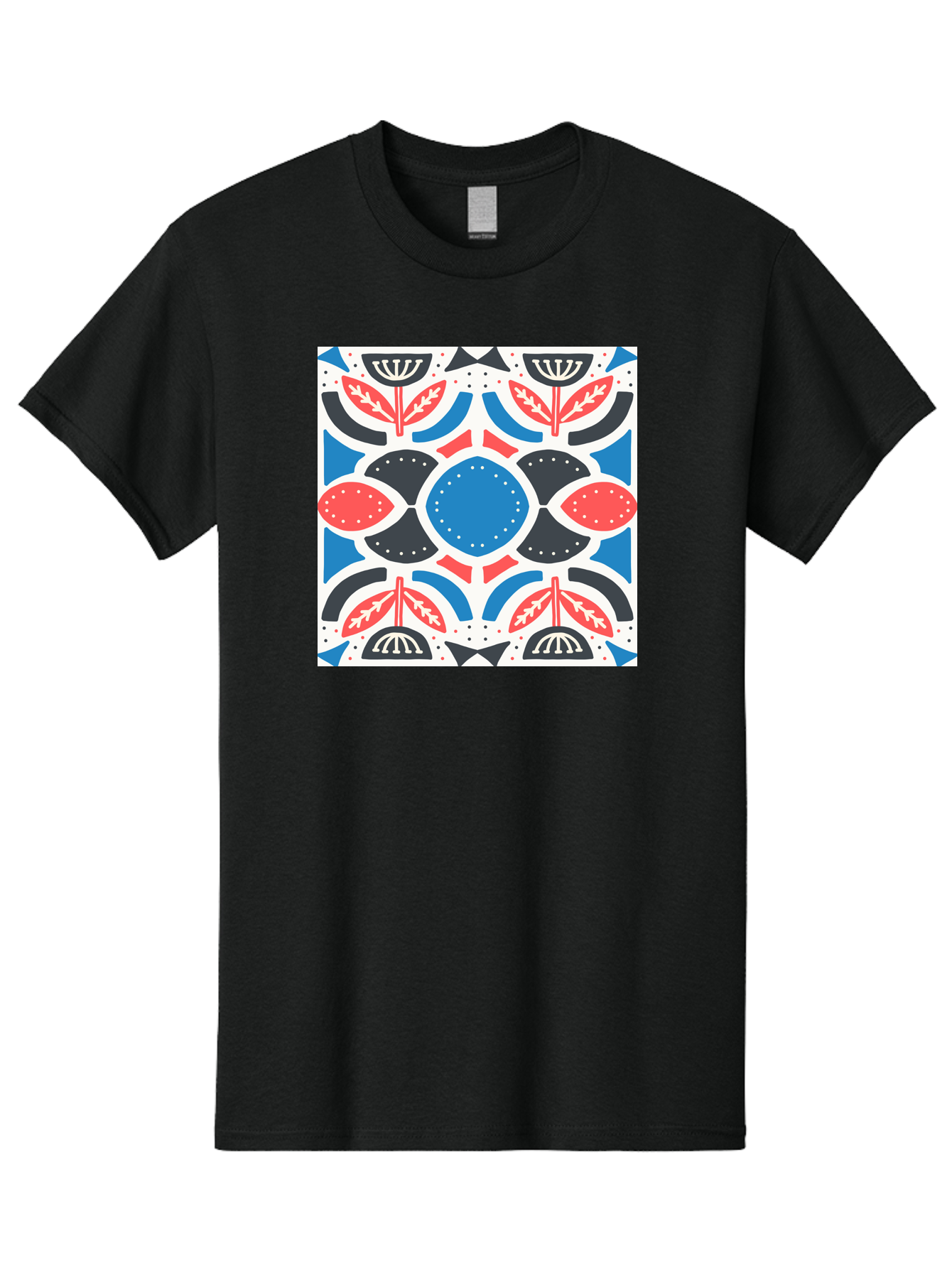 Floral-Pattern-7 Men'S Graphic Tee, 100% Cotton, Comfortable Casual Summer Wear, Machine Washable, Floral Pattern, Abstract Flowers, Geometric Shapes, Blue And Red Hues, White Background, Decorative Design, Symmetrical Composition, Aab717