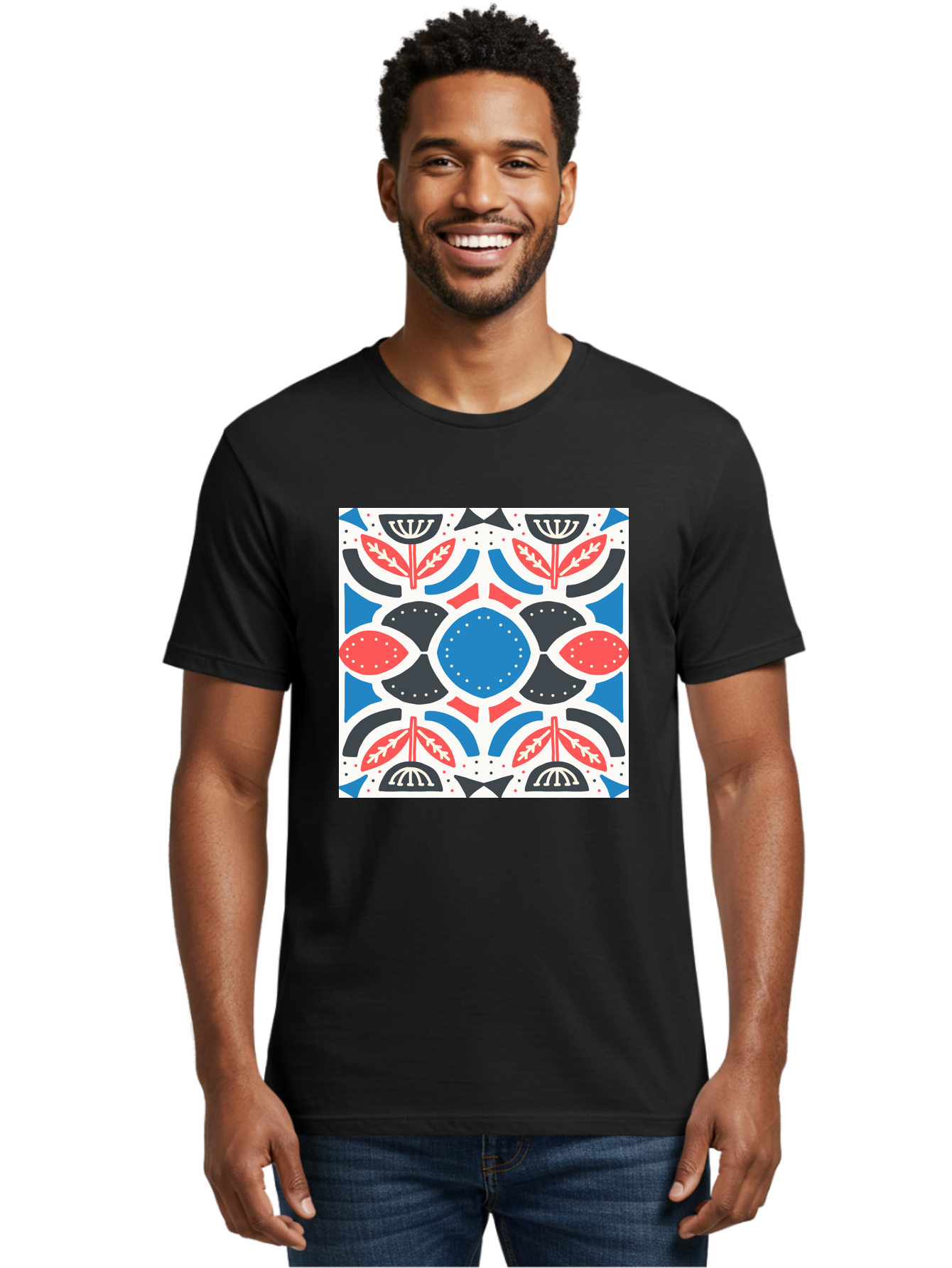 Floral-Pattern-7 Men'S Graphic Tee, 100% Cotton, Comfortable Casual Summer Wear, Machine Washable, Floral Pattern, Abstract Flowers, Geometric Shapes, Blue And Red Hues, White Background, Decorative Design, Symmetrical Composition, Aab717