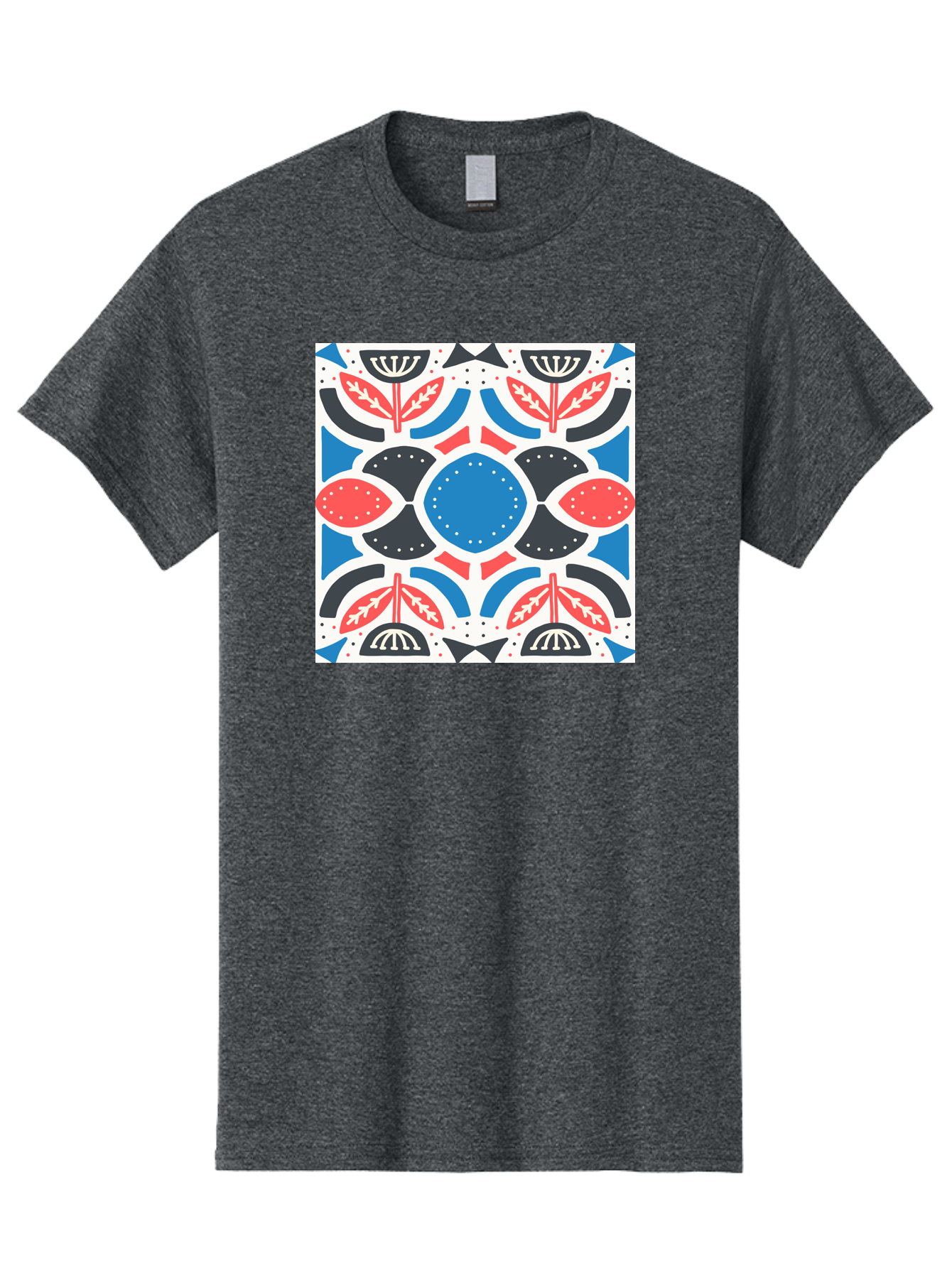 Floral-Pattern-7 Men'S Graphic Tee, 100% Cotton, Comfortable Casual Summer Wear, Machine Washable, Floral Pattern, Abstract Flowers, Geometric Shapes, Blue And Red Hues, White Background, Decorative Design, Symmetrical Composition, Aab717