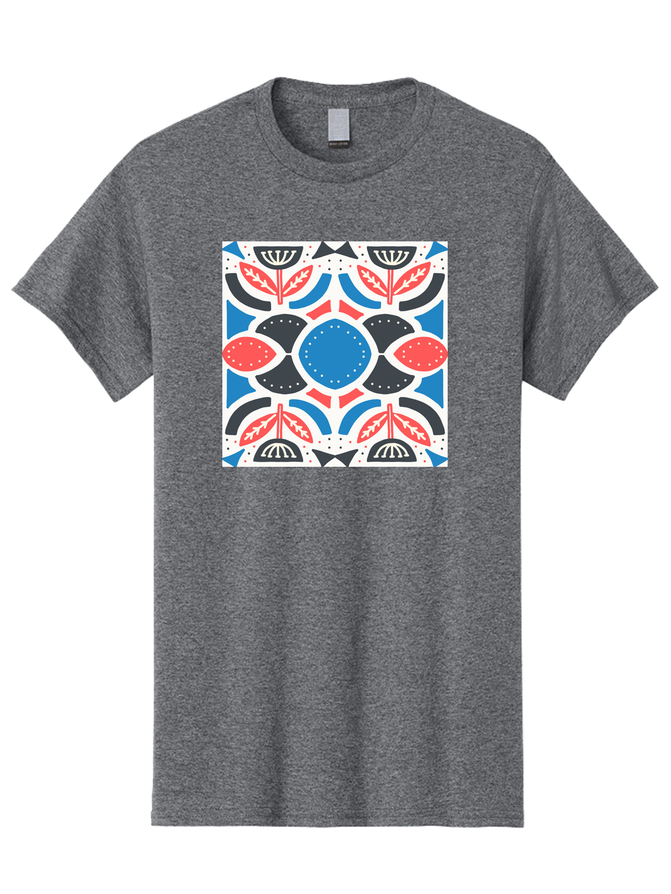 Floral-Pattern-7 Men'S Graphic Tee, 100% Cotton, Comfortable Casual Summer Wear, Machine Washable, Floral Pattern, Abstract Flowers, Geometric Shapes, Blue And Red Hues, White Background, Decorative Design, Symmetrical Composition, Aab717