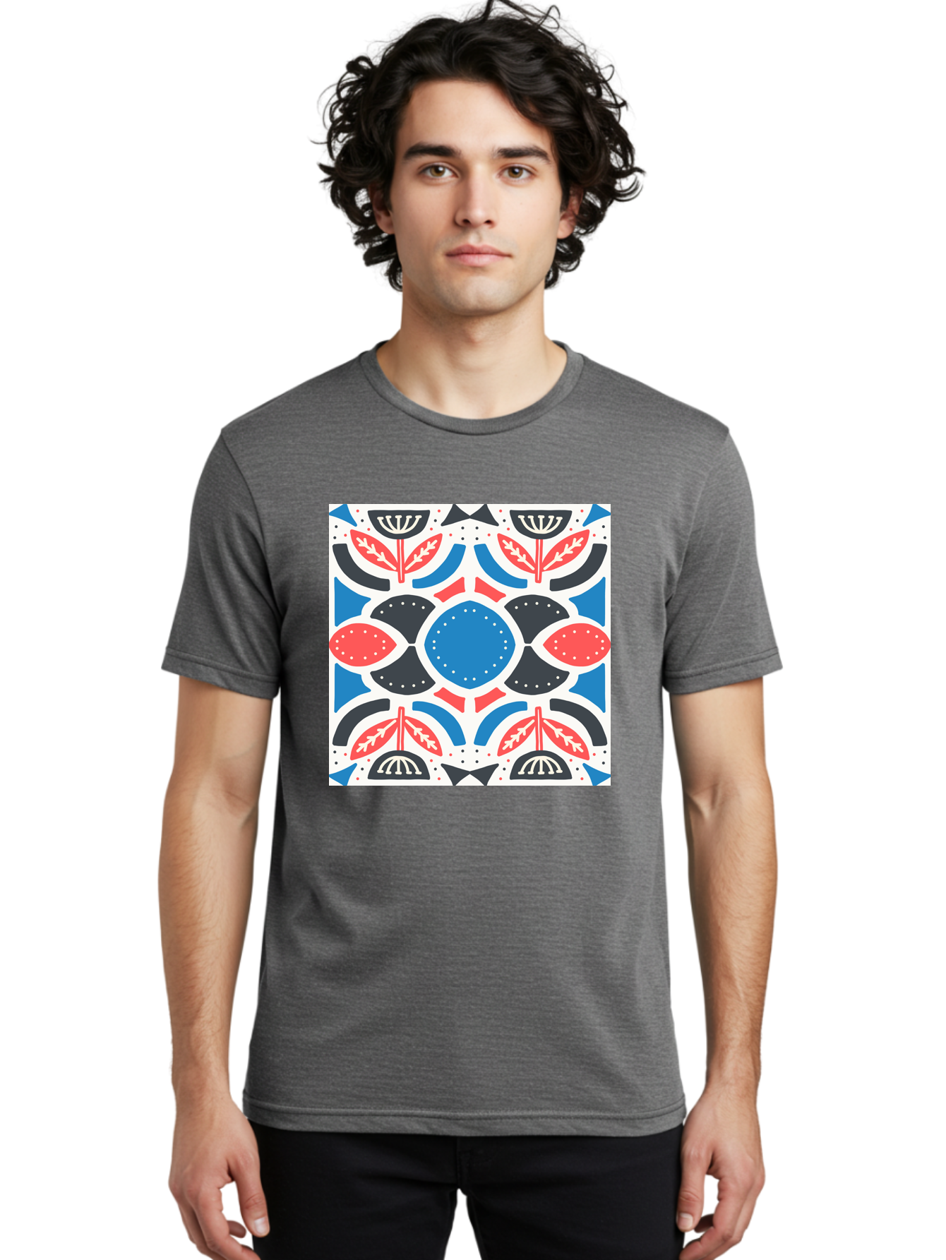 Floral-Pattern-7 Men'S Graphic Tee, 100% Cotton, Comfortable Casual Summer Wear, Machine Washable, Floral Pattern, Abstract Flowers, Geometric Shapes, Blue And Red Hues, White Background, Decorative Design, Symmetrical Composition, Aab717