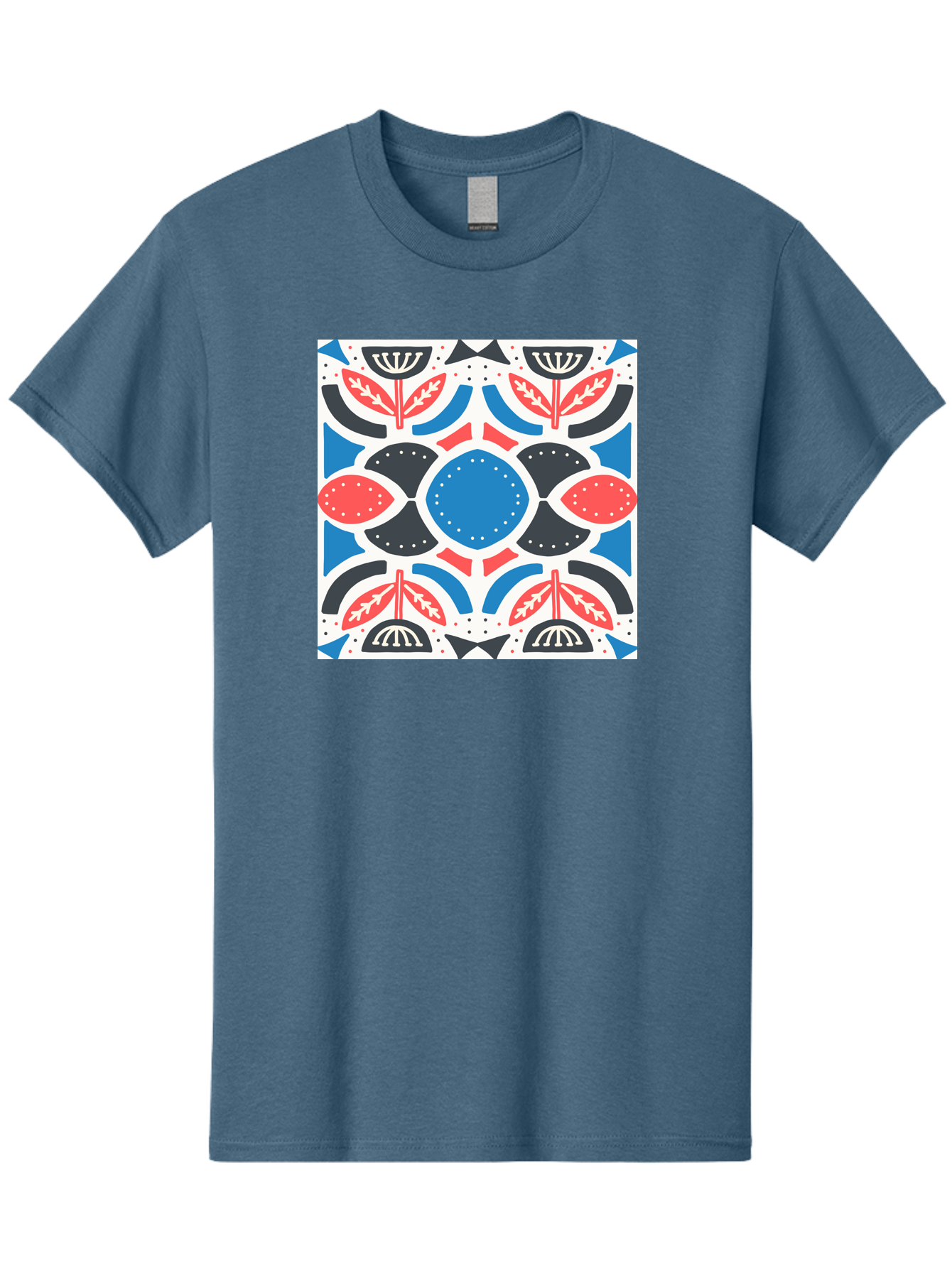 Floral-Pattern-7 Men'S Graphic Tee, 100% Cotton, Comfortable Casual Summer Wear, Machine Washable, Floral Pattern, Abstract Flowers, Geometric Shapes, Blue And Red Hues, White Background, Decorative Design, Symmetrical Composition, Aab717