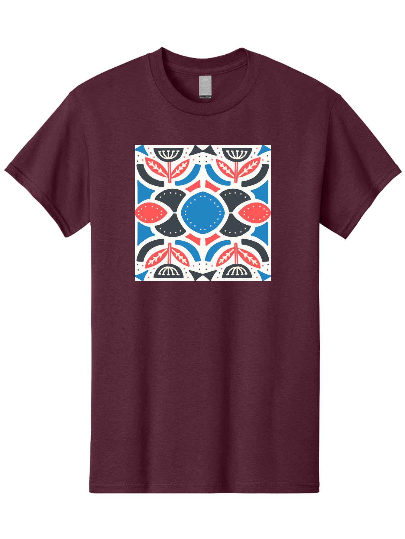 Floral-Pattern-7 Men'S Graphic Tee, 100% Cotton, Comfortable Casual Summer Wear, Machine Washable, Floral Pattern, Abstract Flowers, Geometric Shapes, Blue And Red Hues, White Background, Decorative Design, Symmetrical Composition, Aab717