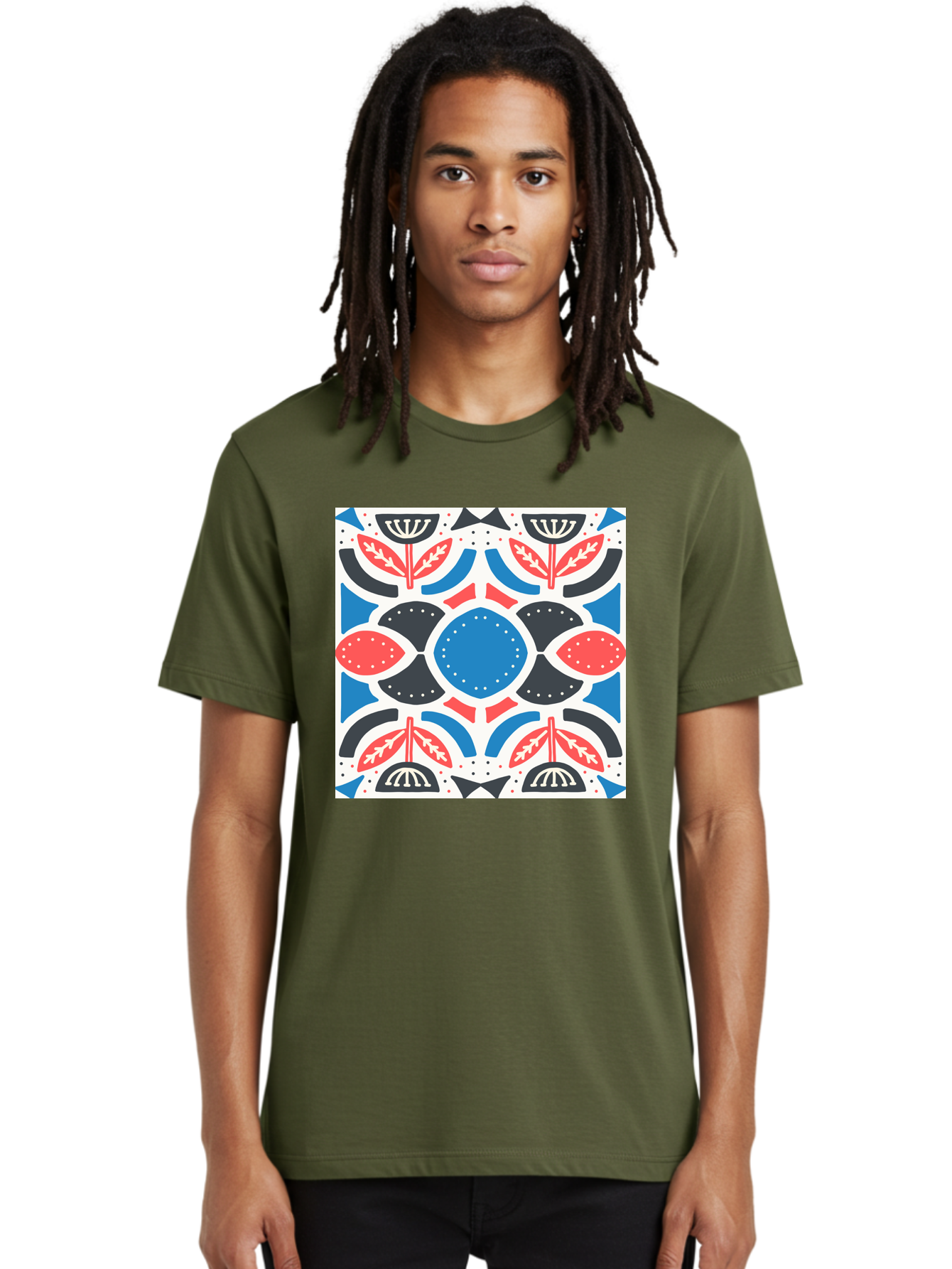 Floral-Pattern-7 Men'S Graphic Tee, 100% Cotton, Comfortable Casual Summer Wear, Machine Washable, Floral Pattern, Abstract Flowers, Geometric Shapes, Blue And Red Hues, White Background, Decorative Design, Symmetrical Composition, Aab717