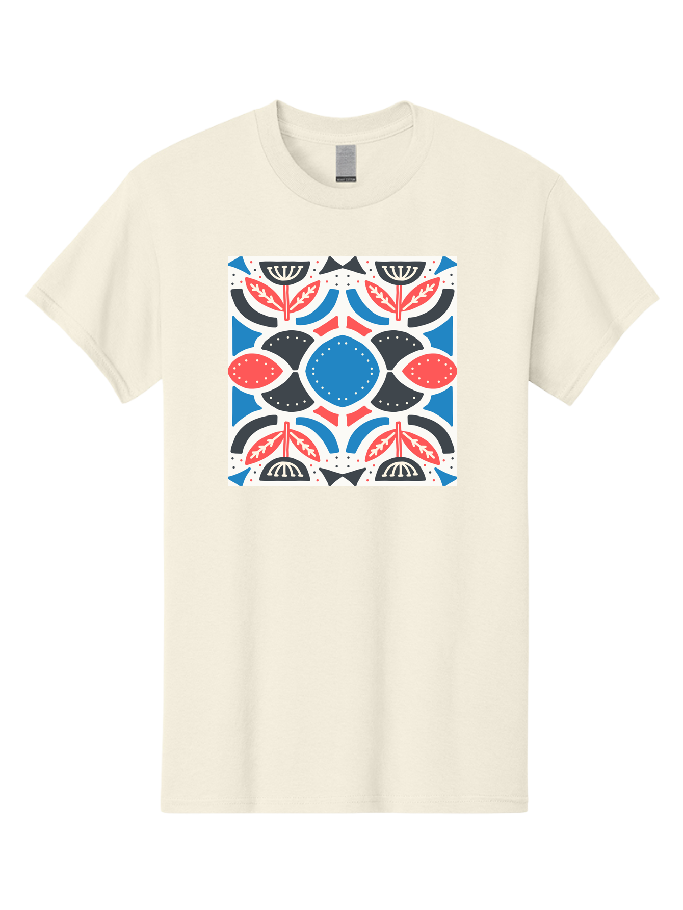 Floral-Pattern-7 Men'S Graphic Tee, 100% Cotton, Comfortable Casual Summer Wear, Machine Washable, Floral Pattern, Abstract Flowers, Geometric Shapes, Blue And Red Hues, White Background, Decorative Design, Symmetrical Composition, Aab717