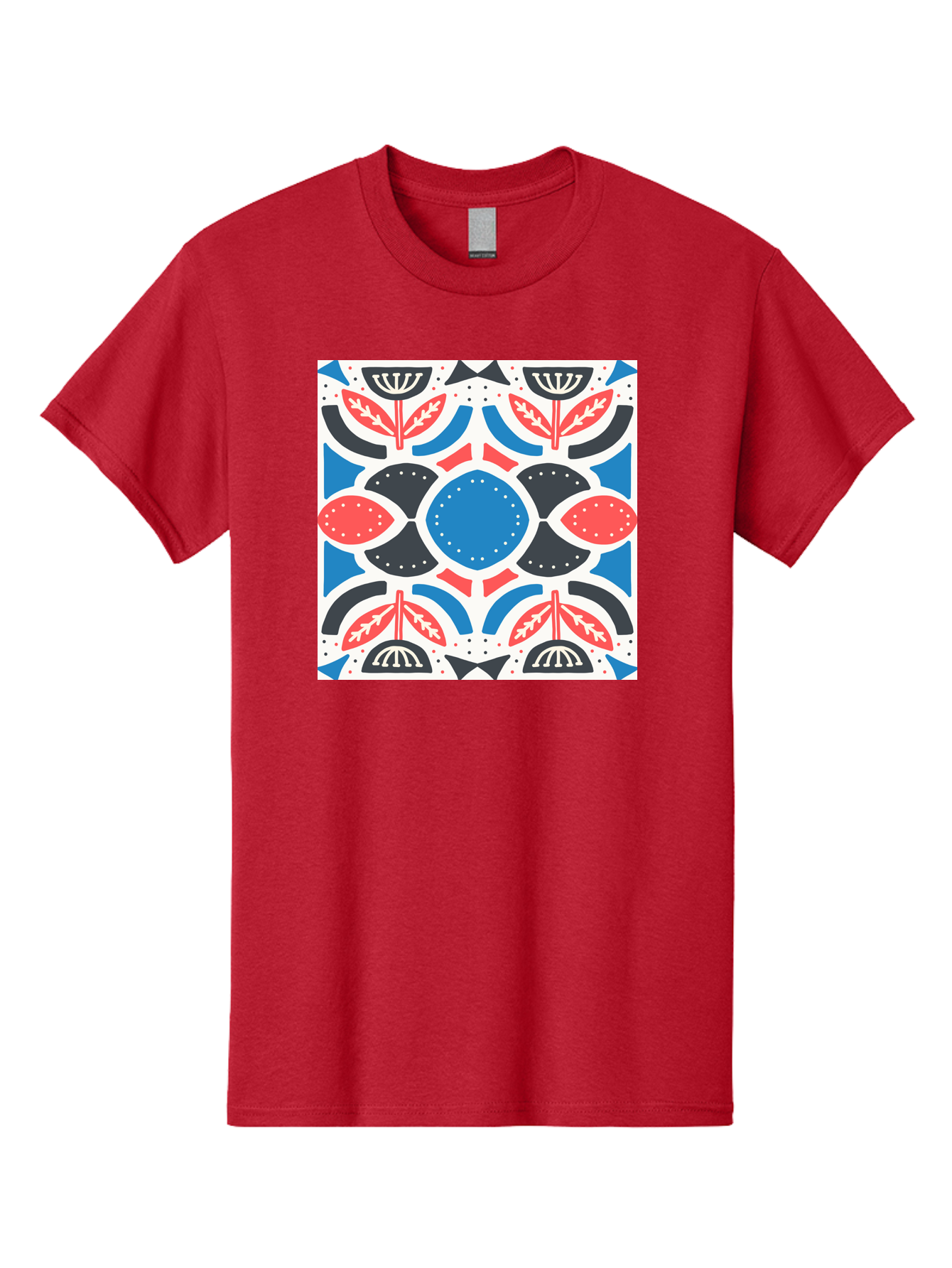 Floral-Pattern-7 Men'S Graphic Tee, 100% Cotton, Comfortable Casual Summer Wear, Machine Washable, Floral Pattern, Abstract Flowers, Geometric Shapes, Blue And Red Hues, White Background, Decorative Design, Symmetrical Composition, Aab717