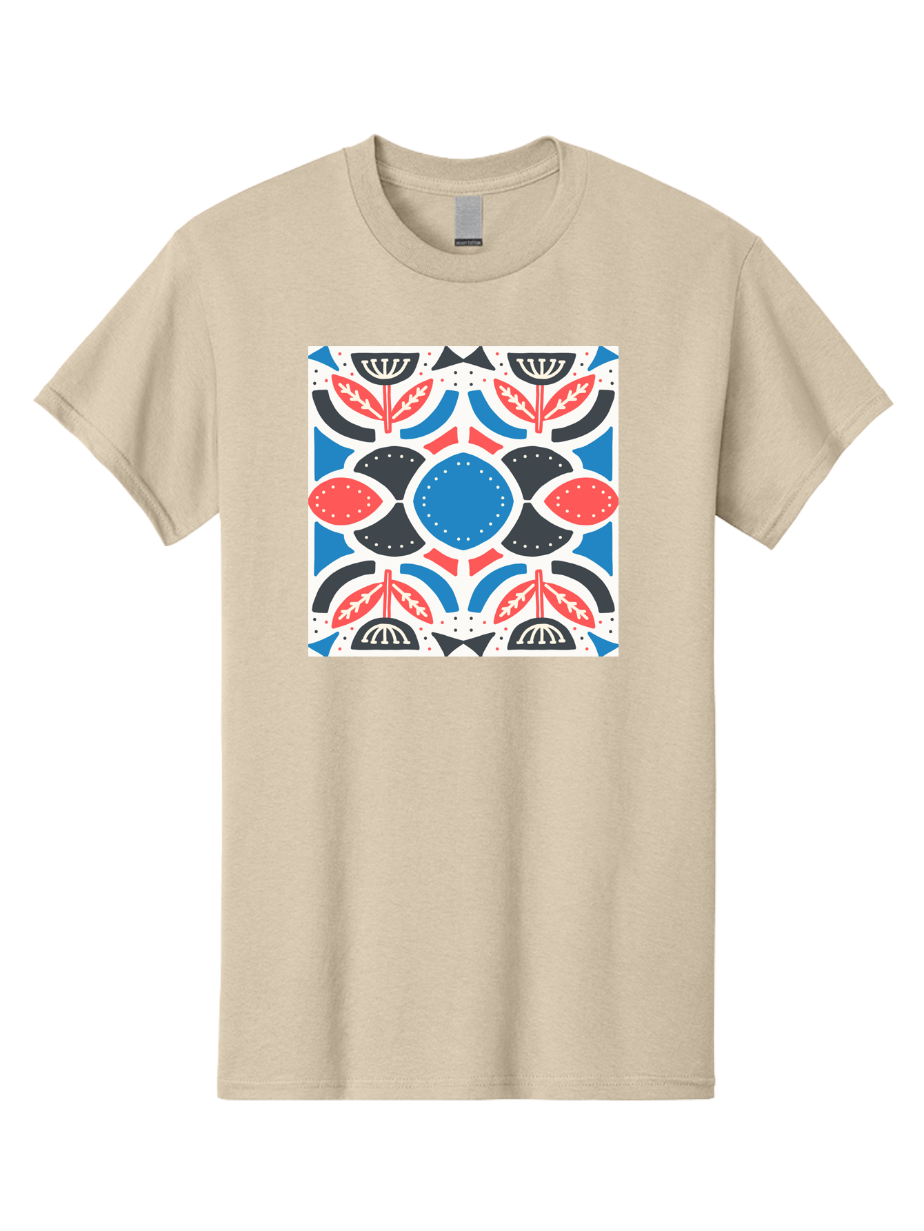 Floral-Pattern-7 Men'S Graphic Tee, 100% Cotton, Comfortable Casual Summer Wear, Machine Washable, Floral Pattern, Abstract Flowers, Geometric Shapes, Blue And Red Hues, White Background, Decorative Design, Symmetrical Composition, Aab717
