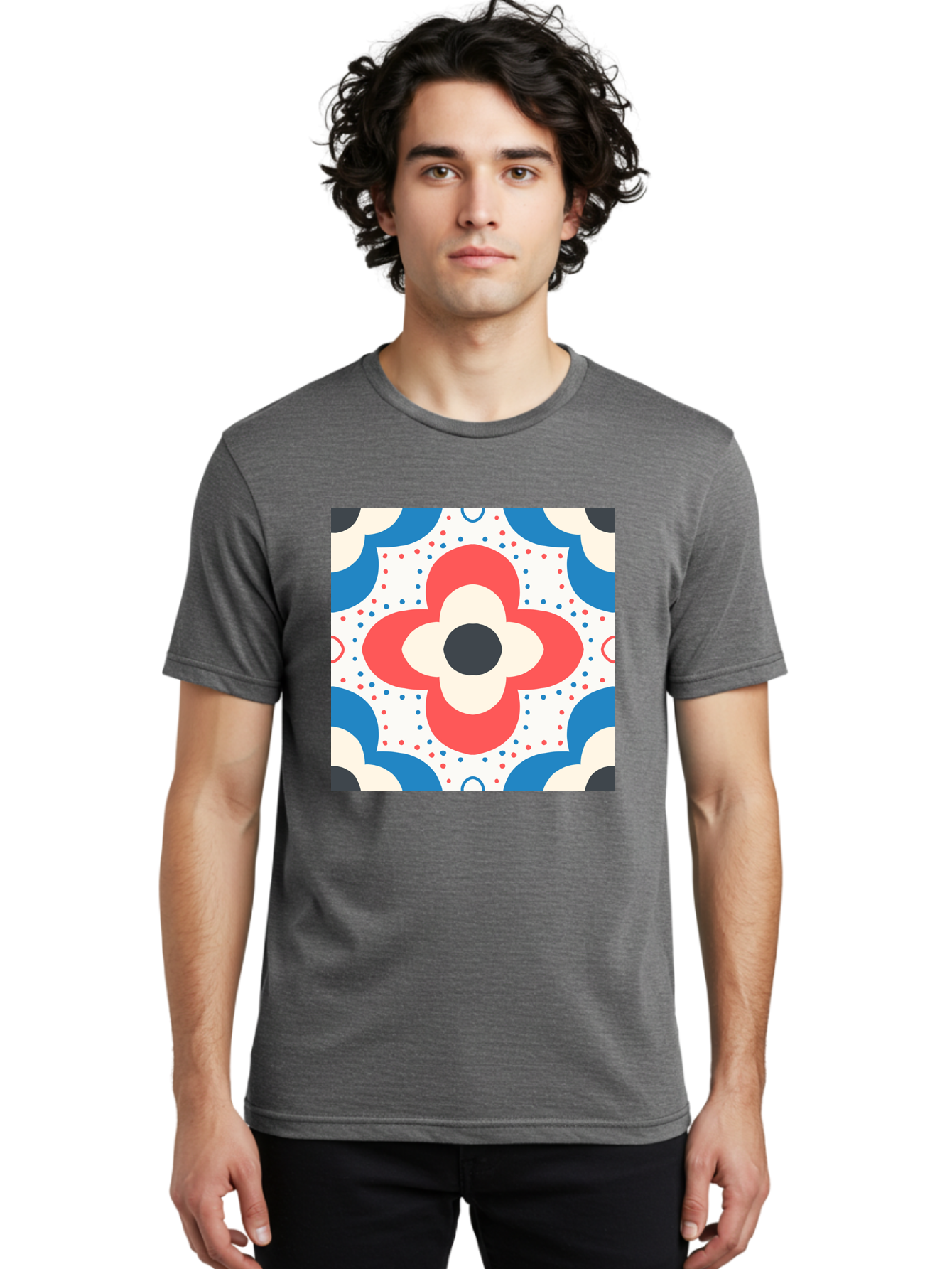 Floral-Pattern-8 Men'S Graphic Tee, 100% Cotton, Comfortable Casual Summer Wear, Machine Washable, Abstract Flower Pattern, Floral Design, Retro Style, Red And Blue Hues, White Background, Colorful Dots, Decorative Elements, Aab718
