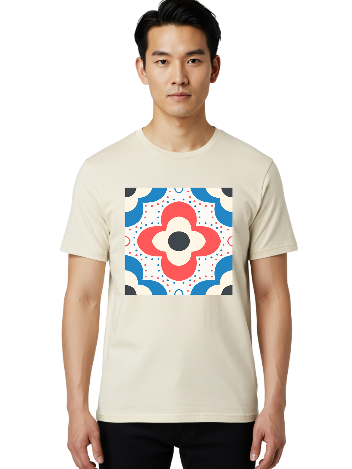 Floral-Pattern-8 Men'S Graphic Tee, 100% Cotton, Comfortable Casual Summer Wear, Machine Washable, Abstract Flower Pattern, Floral Design, Retro Style, Red And Blue Hues, White Background, Colorful Dots, Decorative Elements, Aab718