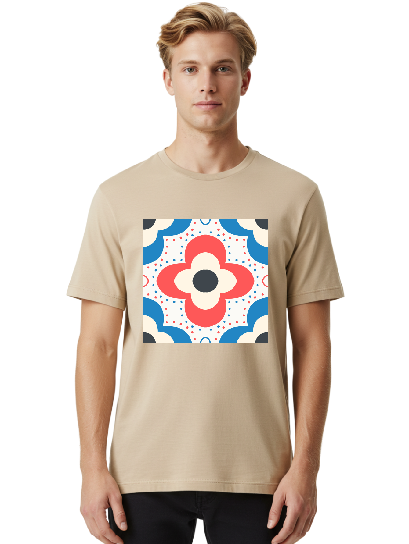 Floral-Pattern-8 Men'S Graphic Tee, 100% Cotton, Comfortable Casual Summer Wear, Machine Washable, Abstract Flower Pattern, Floral Design, Retro Style, Red And Blue Hues, White Background, Colorful Dots, Decorative Elements, Aab718