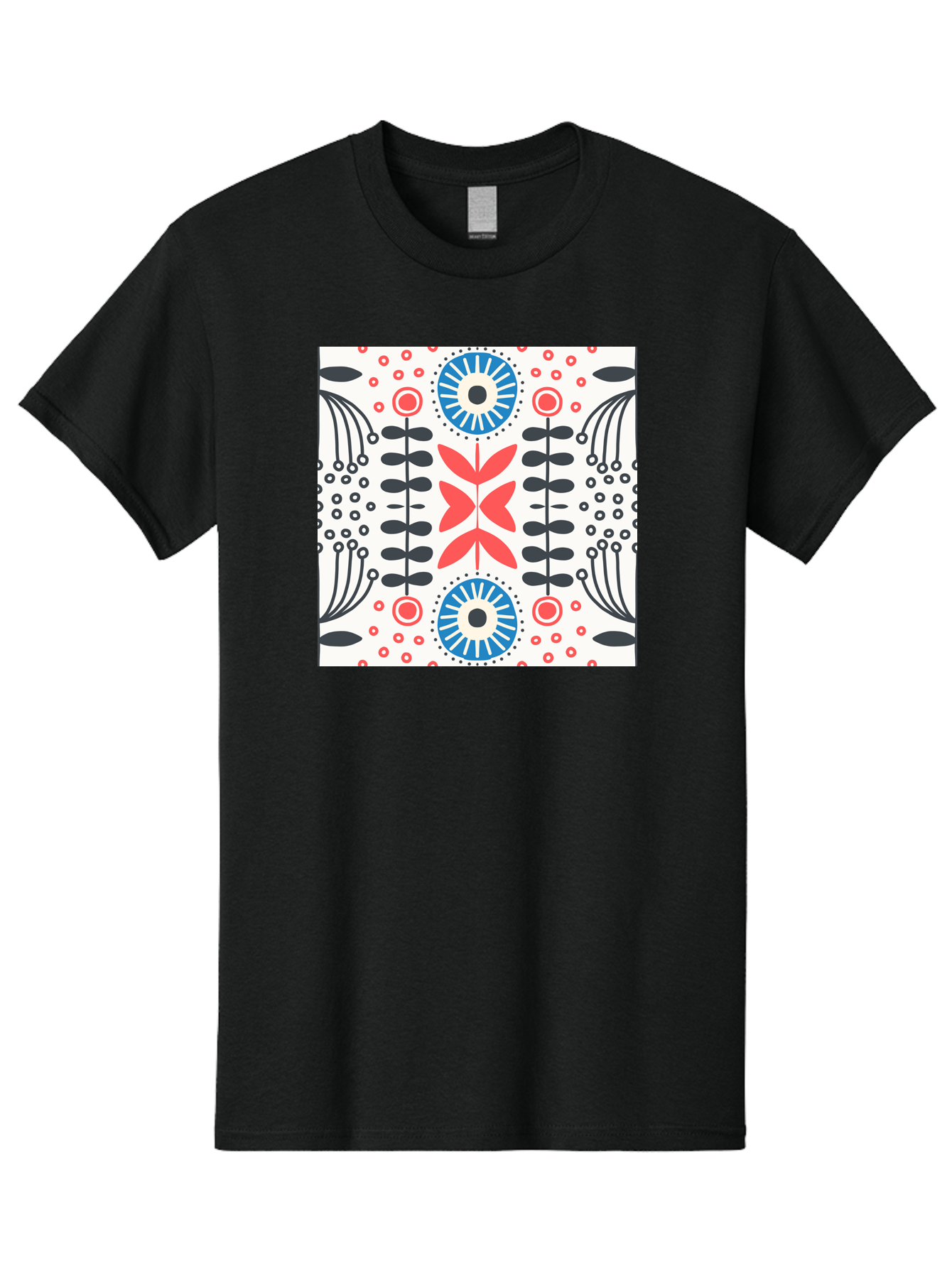 Floral-Pattern-9 Men'S Graphic Tee, 100% Cotton, Comfortable Casual Summer Wear, Machine Washable, Floral Pattern, Abstract Flowers, Geometric Shapes, Red And Blue Accents, Black Lines, White Background, Whimsical Design, Bohemian Style, Aab719