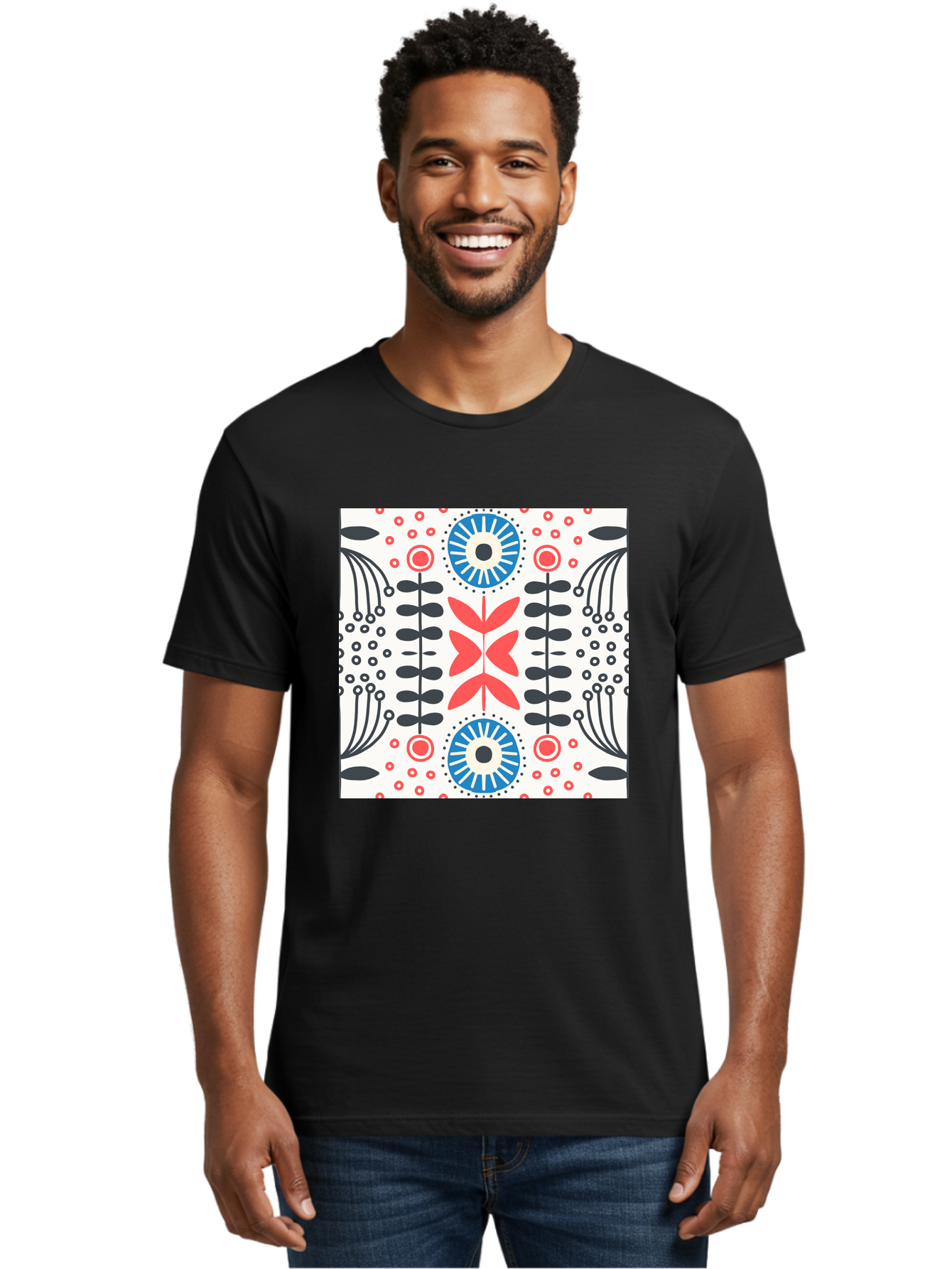 Floral-Pattern-9 Men'S Graphic Tee, 100% Cotton, Comfortable Casual Summer Wear, Machine Washable, Floral Pattern, Abstract Flowers, Geometric Shapes, Red And Blue Accents, Black Lines, White Background, Whimsical Design, Bohemian Style, Aab719