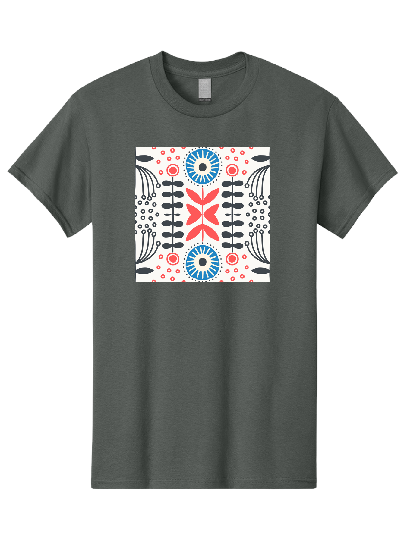 Floral-Pattern-9 Men'S Graphic Tee, 100% Cotton, Comfortable Casual Summer Wear, Machine Washable, Floral Pattern, Abstract Flowers, Geometric Shapes, Red And Blue Accents, Black Lines, White Background, Whimsical Design, Bohemian Style, Aab719