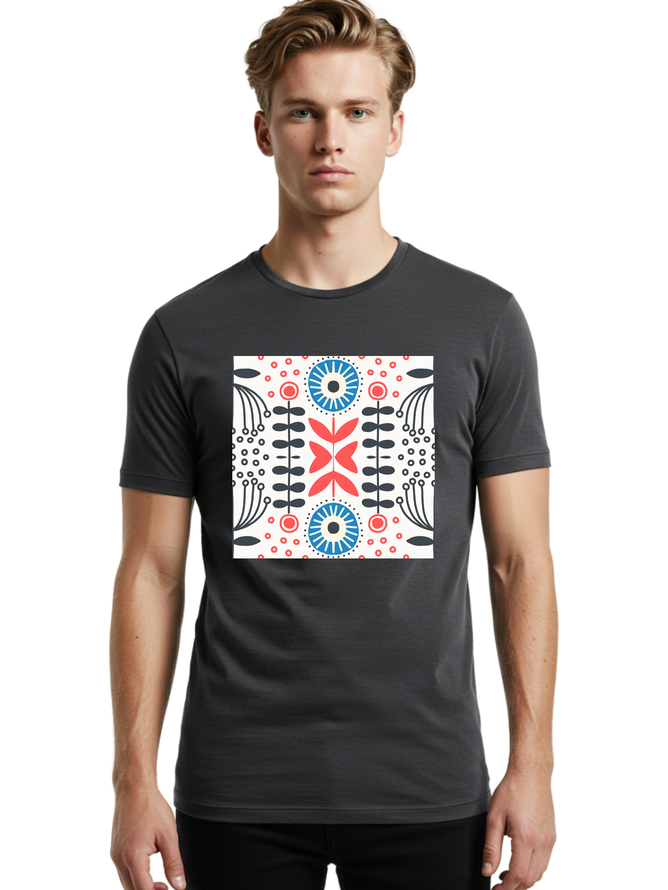 Floral-Pattern-9 Men'S Graphic Tee, 100% Cotton, Comfortable Casual Summer Wear, Machine Washable, Floral Pattern, Abstract Flowers, Geometric Shapes, Red And Blue Accents, Black Lines, White Background, Whimsical Design, Bohemian Style, Aab719