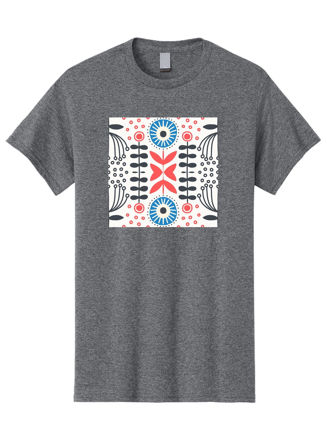 Floral-Pattern-9 Men'S Graphic Tee, 100% Cotton, Comfortable Casual Summer Wear, Machine Washable, Floral Pattern, Abstract Flowers, Geometric Shapes, Red And Blue Accents, Black Lines, White Background, Whimsical Design, Bohemian Style, Aab719