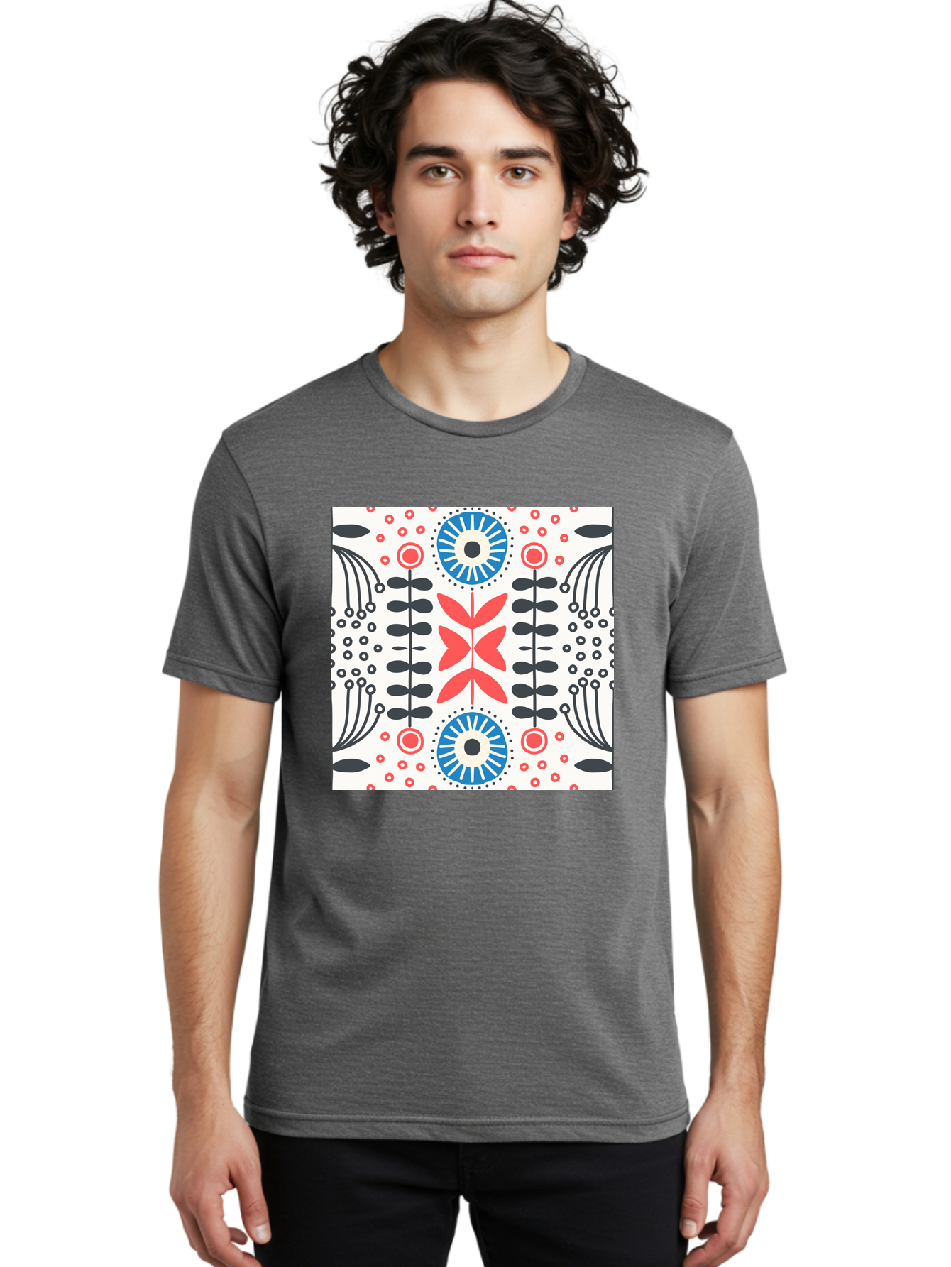 Floral-Pattern-9 Men'S Graphic Tee, 100% Cotton, Comfortable Casual Summer Wear, Machine Washable, Floral Pattern, Abstract Flowers, Geometric Shapes, Red And Blue Accents, Black Lines, White Background, Whimsical Design, Bohemian Style, Aab719