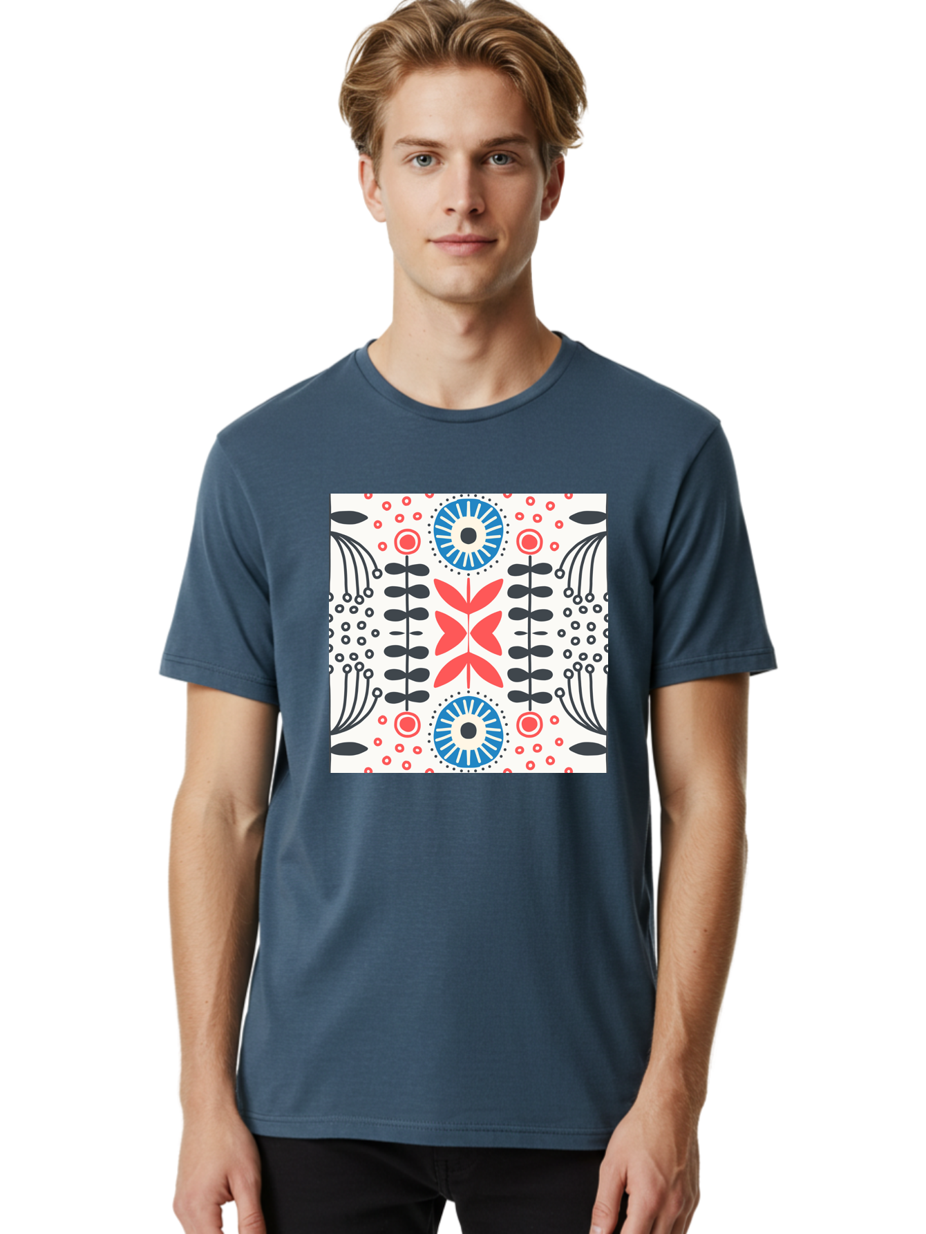 Floral-Pattern-9 Men'S Graphic Tee, 100% Cotton, Comfortable Casual Summer Wear, Machine Washable, Floral Pattern, Abstract Flowers, Geometric Shapes, Red And Blue Accents, Black Lines, White Background, Whimsical Design, Bohemian Style, Aab719