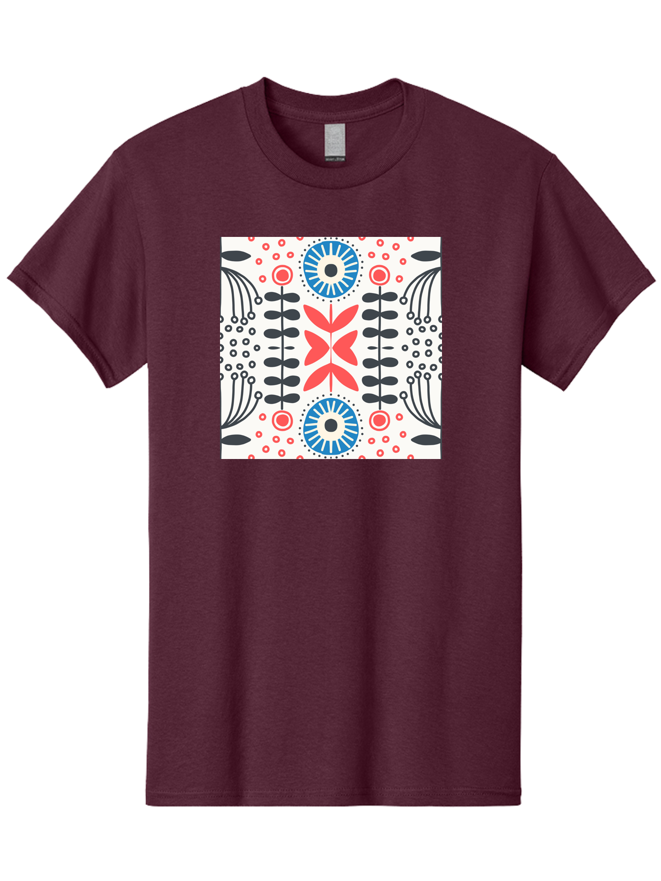 Floral-Pattern-9 Men'S Graphic Tee, 100% Cotton, Comfortable Casual Summer Wear, Machine Washable, Floral Pattern, Abstract Flowers, Geometric Shapes, Red And Blue Accents, Black Lines, White Background, Whimsical Design, Bohemian Style, Aab719