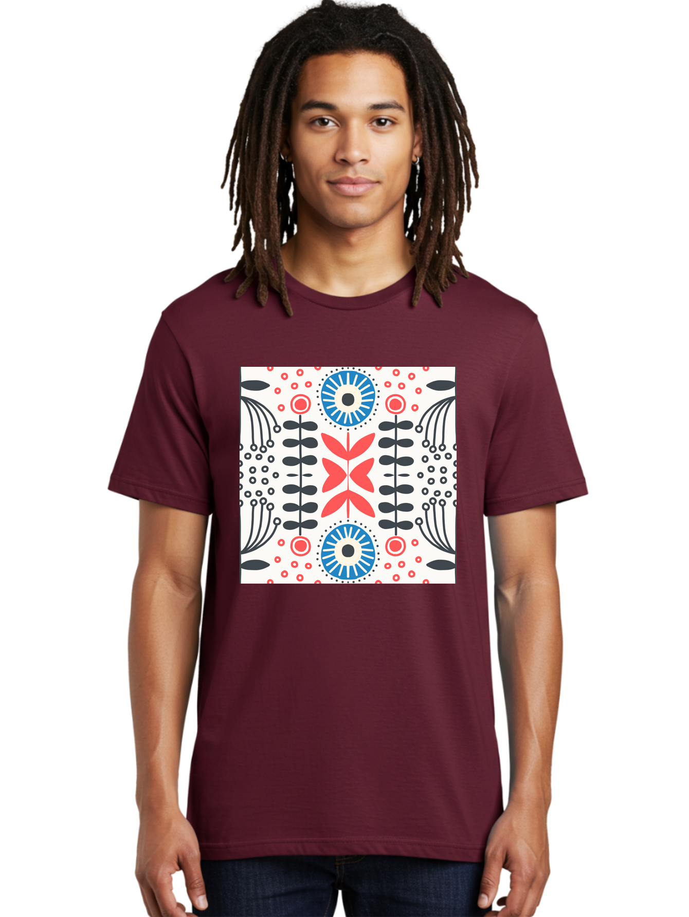 Floral-Pattern-9 Men'S Graphic Tee, 100% Cotton, Comfortable Casual Summer Wear, Machine Washable, Floral Pattern, Abstract Flowers, Geometric Shapes, Red And Blue Accents, Black Lines, White Background, Whimsical Design, Bohemian Style, Aab719