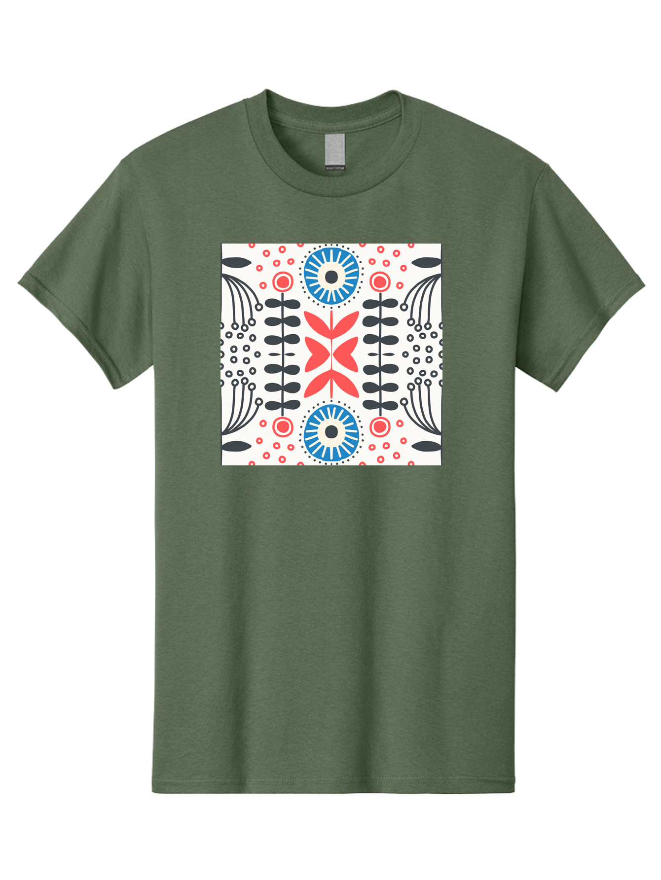 Floral-Pattern-9 Men'S Graphic Tee, 100% Cotton, Comfortable Casual Summer Wear, Machine Washable, Floral Pattern, Abstract Flowers, Geometric Shapes, Red And Blue Accents, Black Lines, White Background, Whimsical Design, Bohemian Style, Aab719