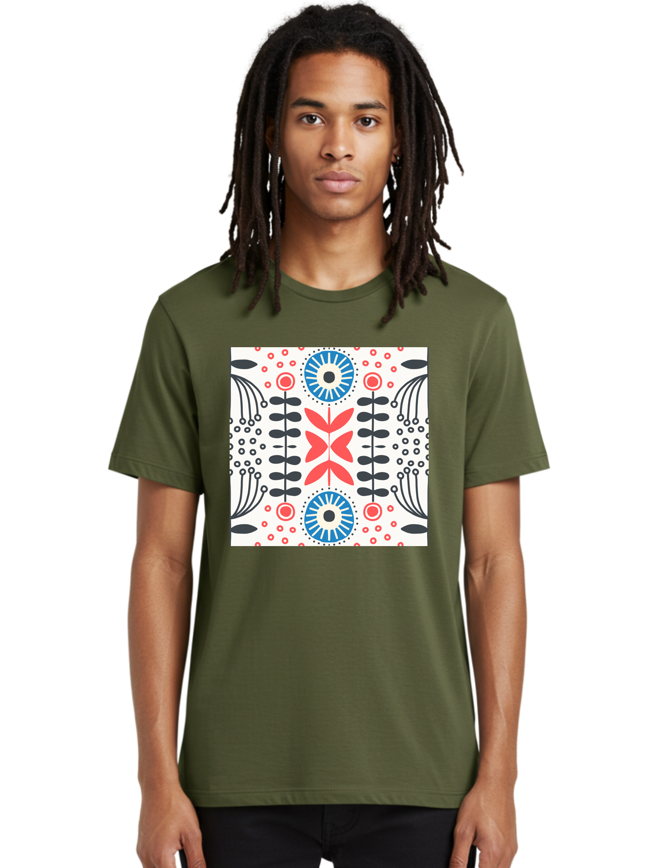 Floral-Pattern-9 Men'S Graphic Tee, 100% Cotton, Comfortable Casual Summer Wear, Machine Washable, Floral Pattern, Abstract Flowers, Geometric Shapes, Red And Blue Accents, Black Lines, White Background, Whimsical Design, Bohemian Style, Aab719