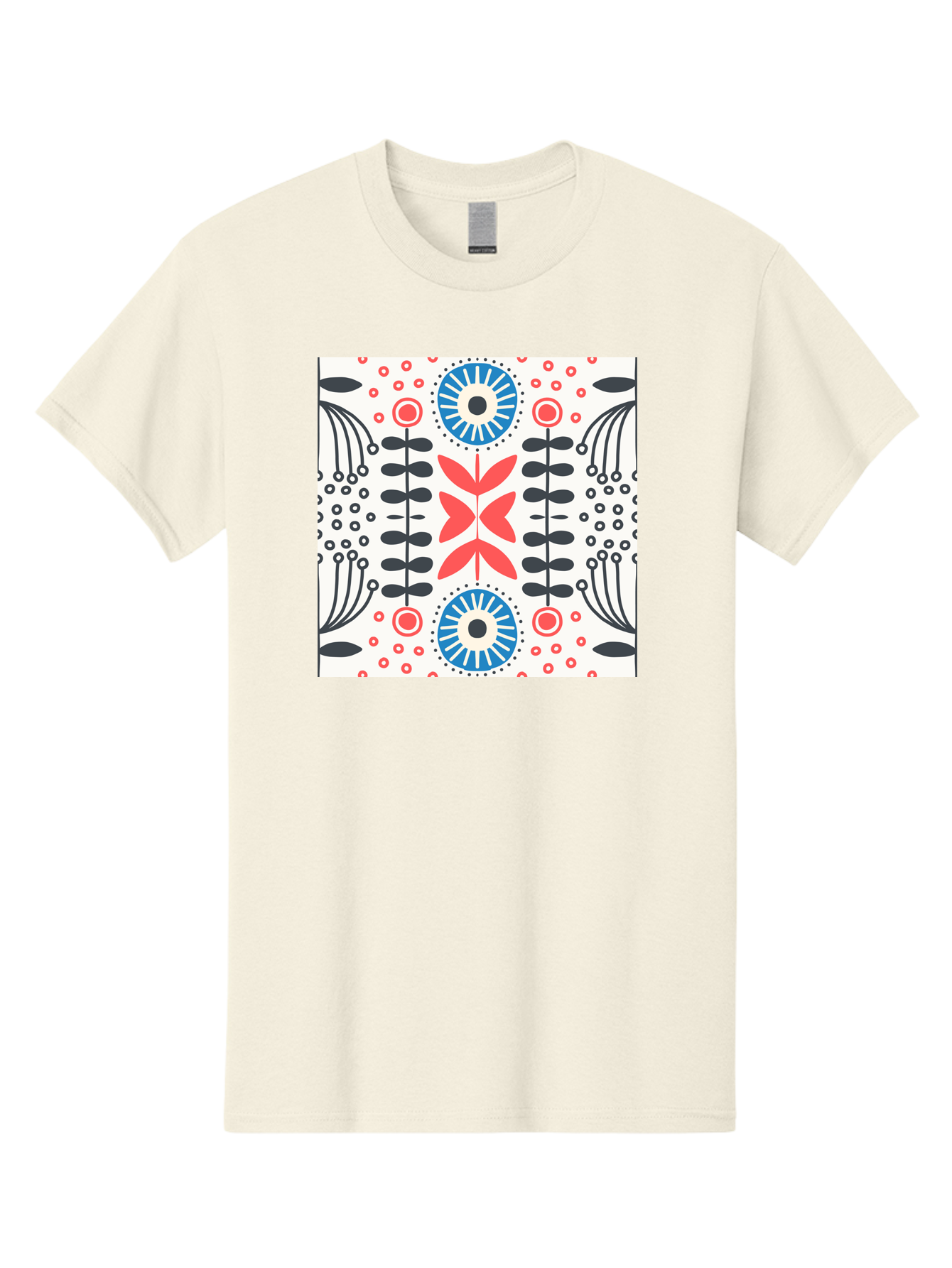 Floral-Pattern-9 Men'S Graphic Tee, 100% Cotton, Comfortable Casual Summer Wear, Machine Washable, Floral Pattern, Abstract Flowers, Geometric Shapes, Red And Blue Accents, Black Lines, White Background, Whimsical Design, Bohemian Style, Aab719