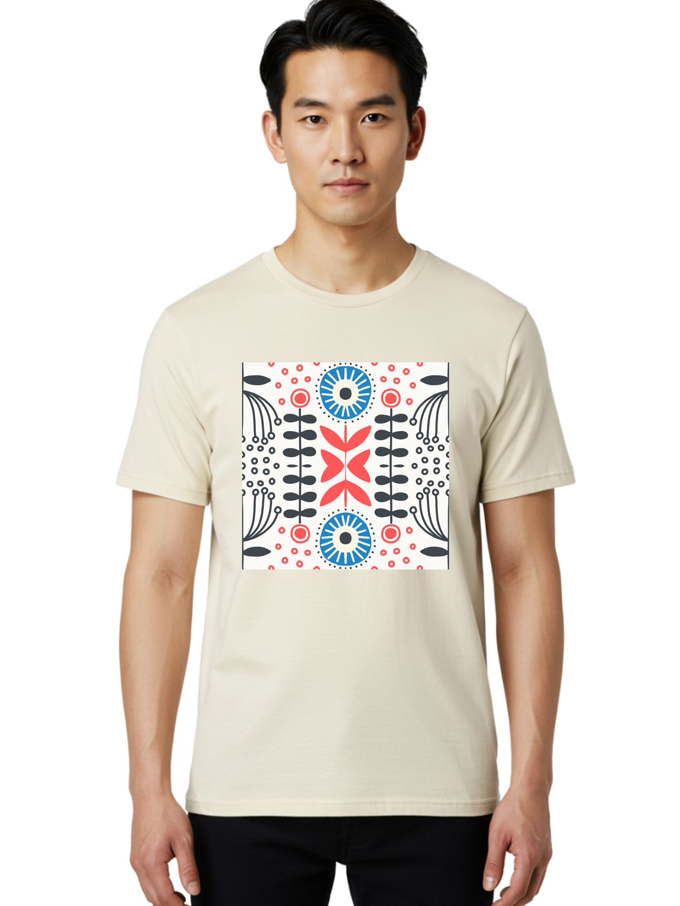 Floral-Pattern-9 Men'S Graphic Tee, 100% Cotton, Comfortable Casual Summer Wear, Machine Washable, Floral Pattern, Abstract Flowers, Geometric Shapes, Red And Blue Accents, Black Lines, White Background, Whimsical Design, Bohemian Style, Aab719