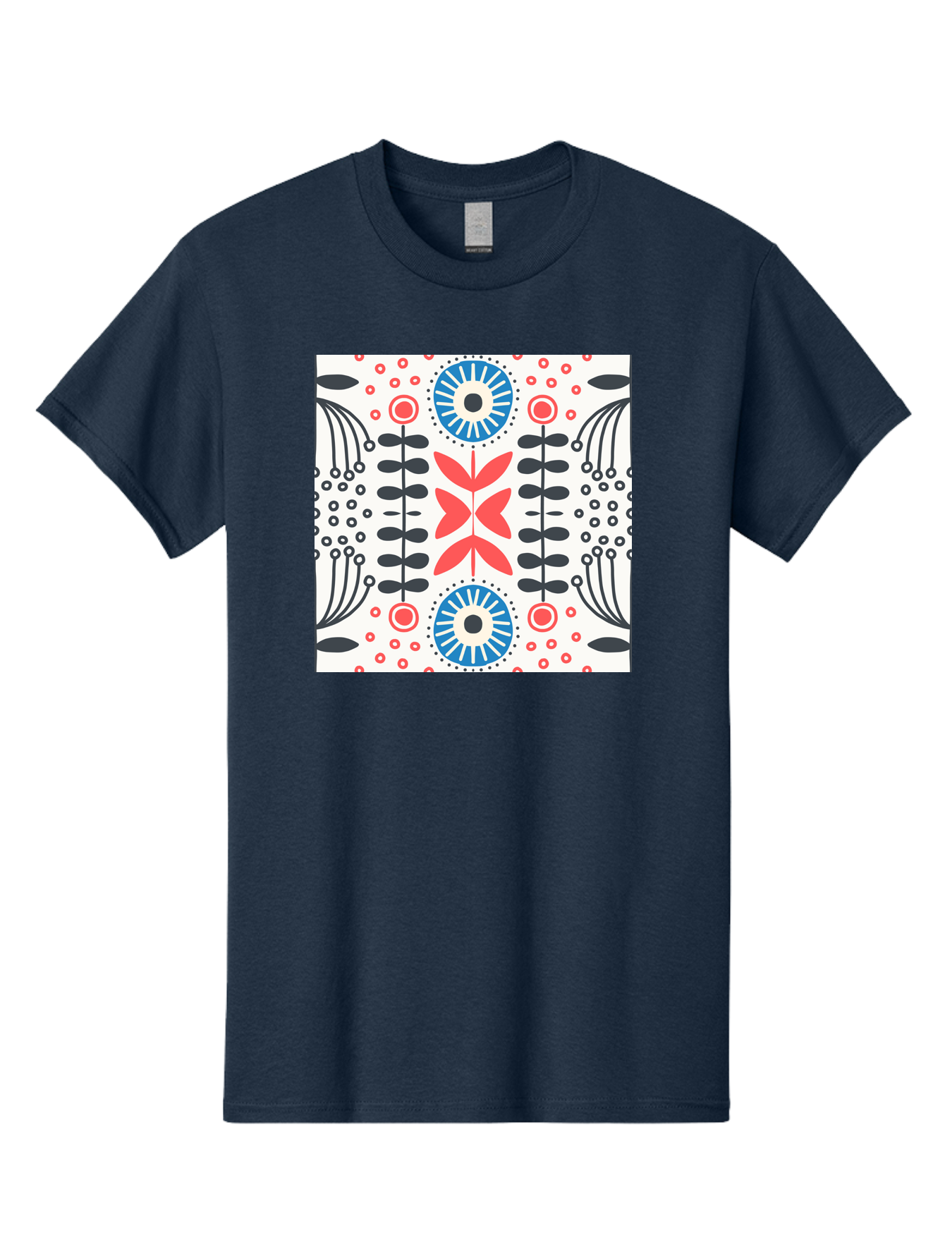 Floral-Pattern-9 Men'S Graphic Tee, 100% Cotton, Comfortable Casual Summer Wear, Machine Washable, Floral Pattern, Abstract Flowers, Geometric Shapes, Red And Blue Accents, Black Lines, White Background, Whimsical Design, Bohemian Style, Aab719