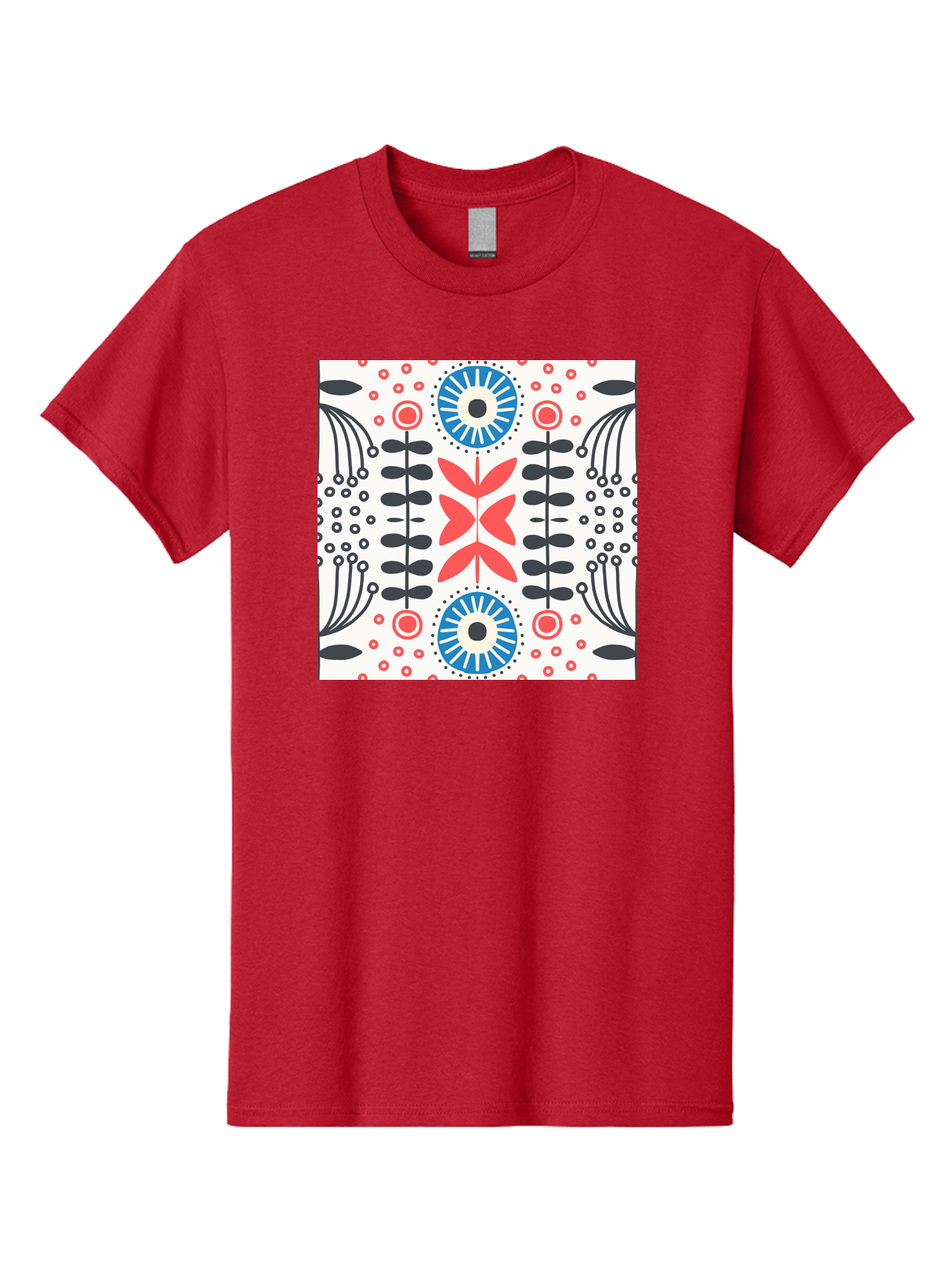 Floral-Pattern-9 Men'S Graphic Tee, 100% Cotton, Comfortable Casual Summer Wear, Machine Washable, Floral Pattern, Abstract Flowers, Geometric Shapes, Red And Blue Accents, Black Lines, White Background, Whimsical Design, Bohemian Style, Aab719