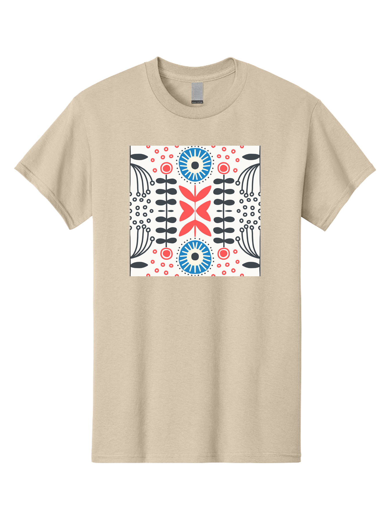 Floral-Pattern-9 Men'S Graphic Tee, 100% Cotton, Comfortable Casual Summer Wear, Machine Washable, Floral Pattern, Abstract Flowers, Geometric Shapes, Red And Blue Accents, Black Lines, White Background, Whimsical Design, Bohemian Style, Aab719
