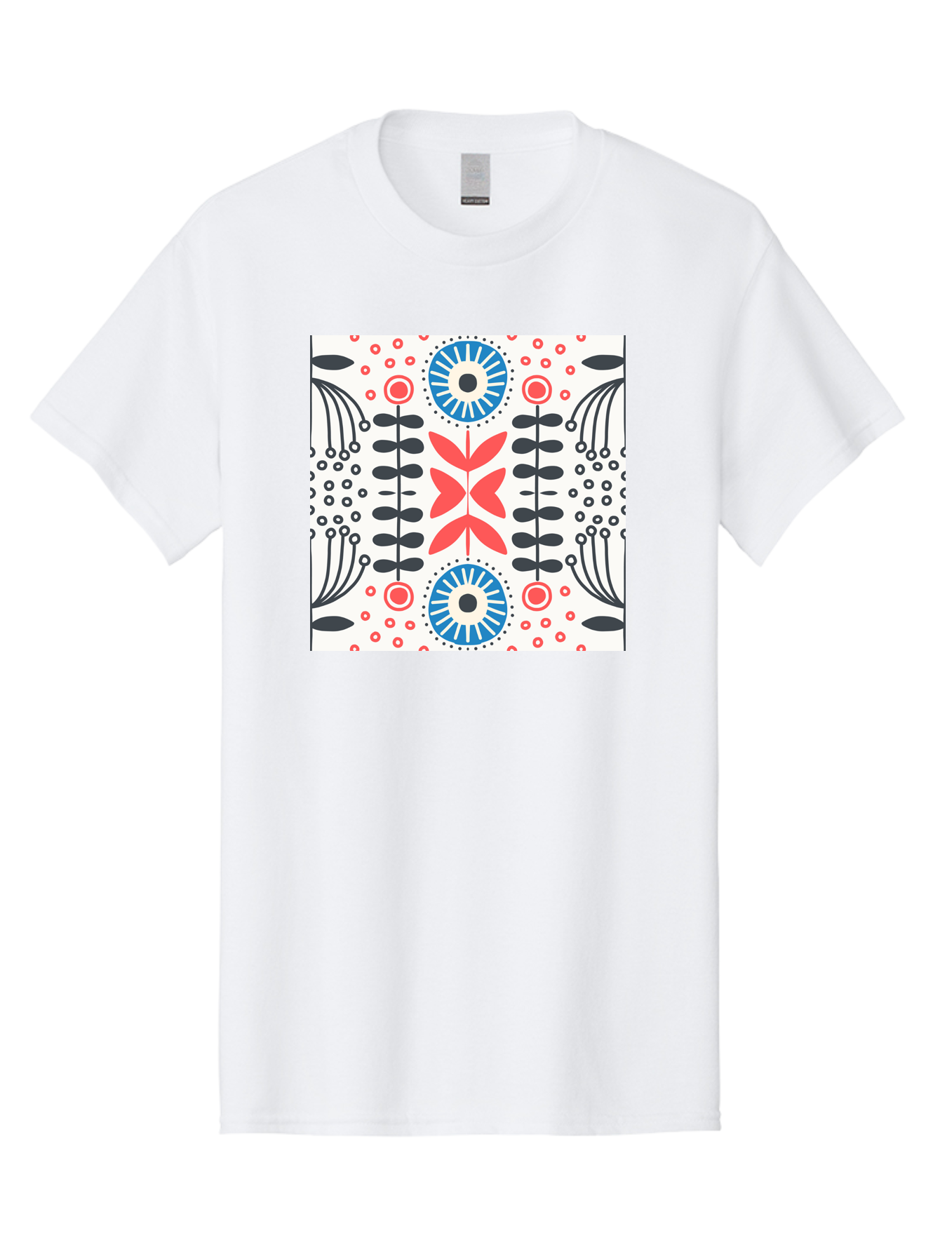 Floral-Pattern-9 Men'S Graphic Tee, 100% Cotton, Comfortable Casual Summer Wear, Machine Washable, Floral Pattern, Abstract Flowers, Geometric Shapes, Red And Blue Accents, Black Lines, White Background, Whimsical Design, Bohemian Style, Aab719