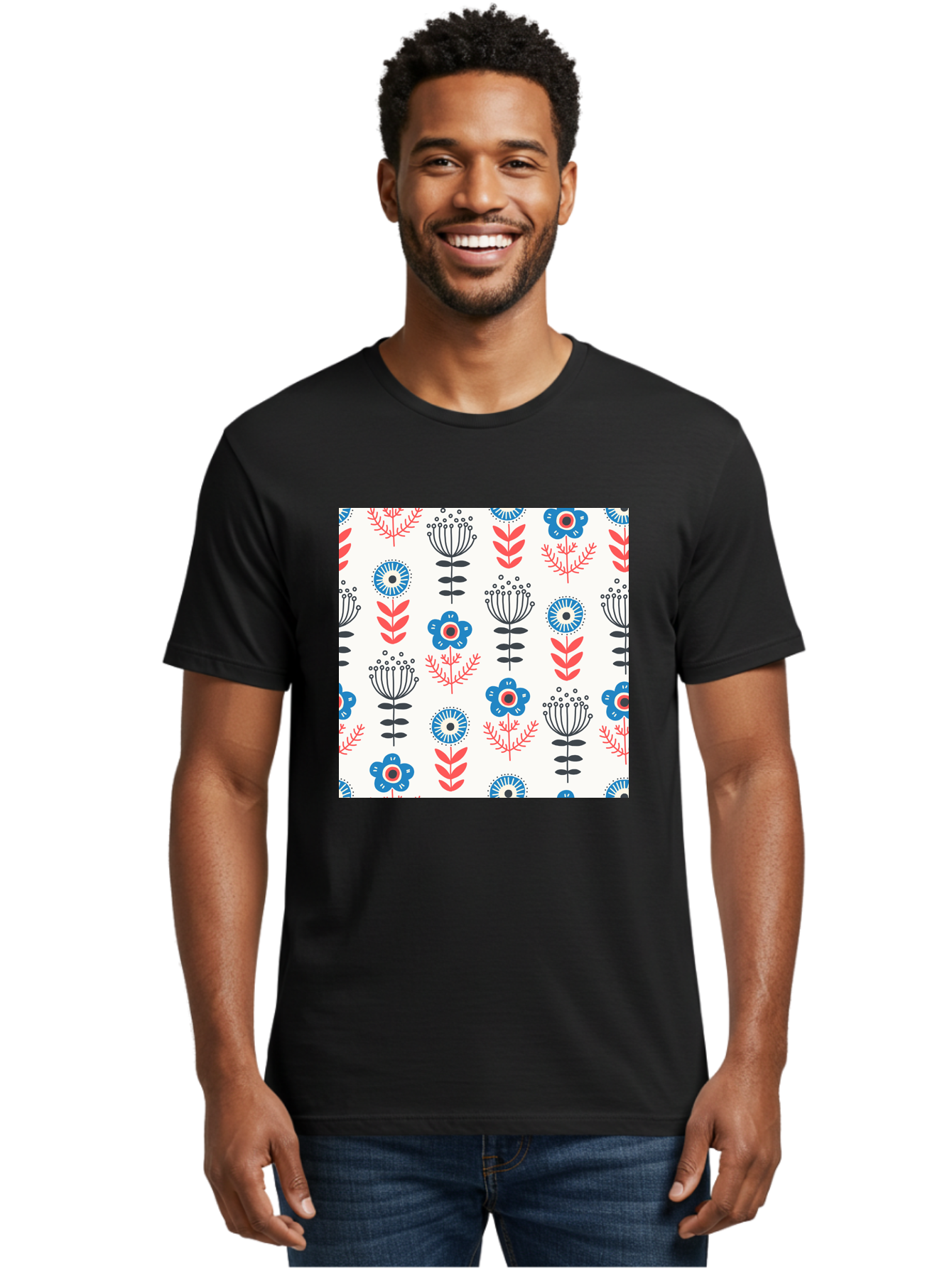 Floral-Pattern Men'S Graphic Tee, 100% Cotton, Comfortable Casual Summer Wear, Machine Washable, Floral Pattern, Blue Flowers, Red Leaves, Black Stems, Folk Art Style, Botanical Design, Vintage Inspiration, Abstract Flowers, Aab720
