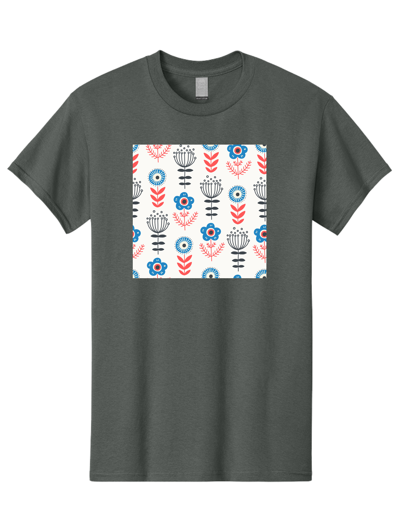 Floral-Pattern Men'S Graphic Tee, 100% Cotton, Comfortable Casual Summer Wear, Machine Washable, Floral Pattern, Blue Flowers, Red Leaves, Black Stems, Folk Art Style, Botanical Design, Vintage Inspiration, Abstract Flowers, Aab720
