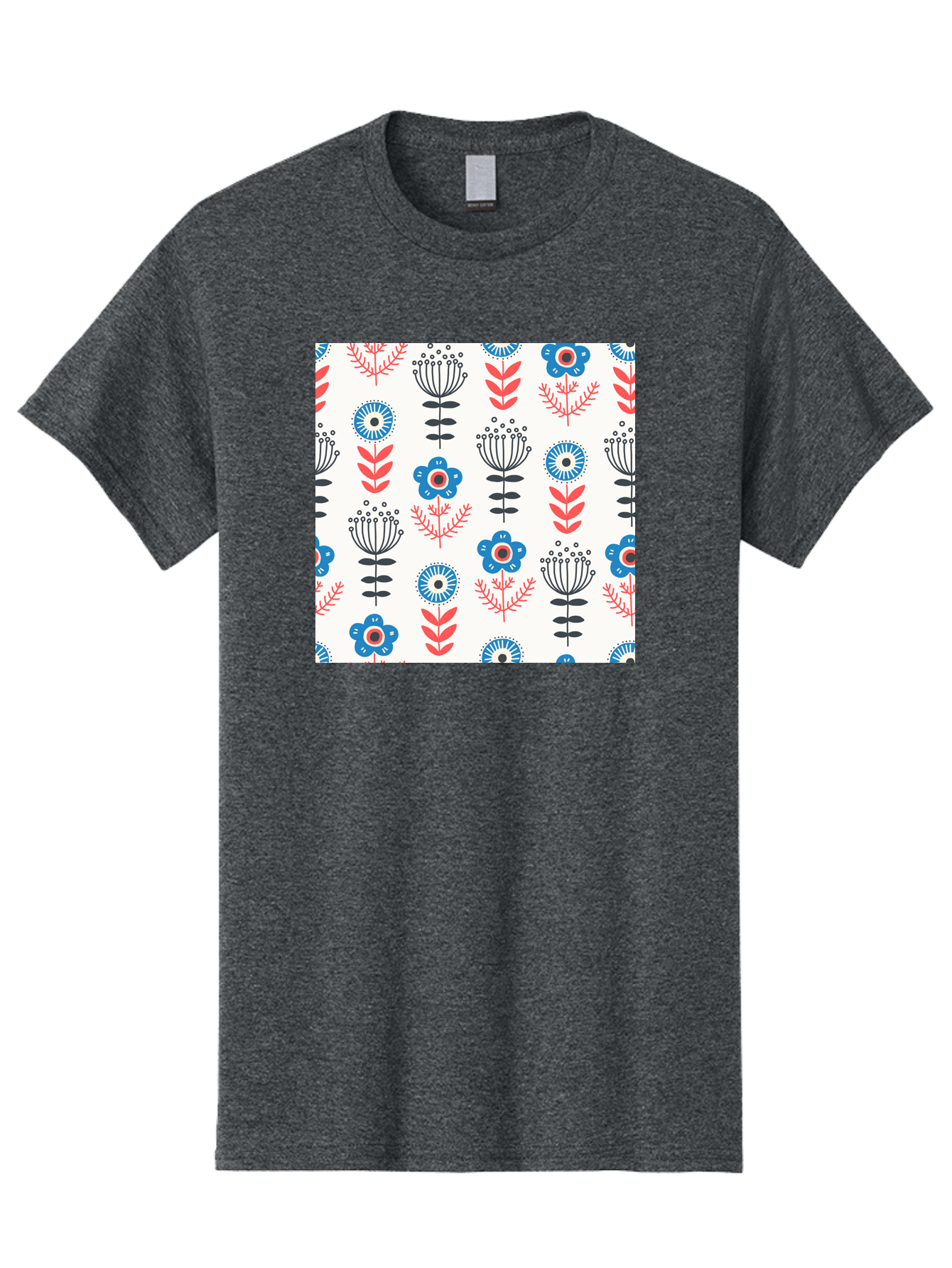 Floral-Pattern Men'S Graphic Tee, 100% Cotton, Comfortable Casual Summer Wear, Machine Washable, Floral Pattern, Blue Flowers, Red Leaves, Black Stems, Folk Art Style, Botanical Design, Vintage Inspiration, Abstract Flowers, Aab720