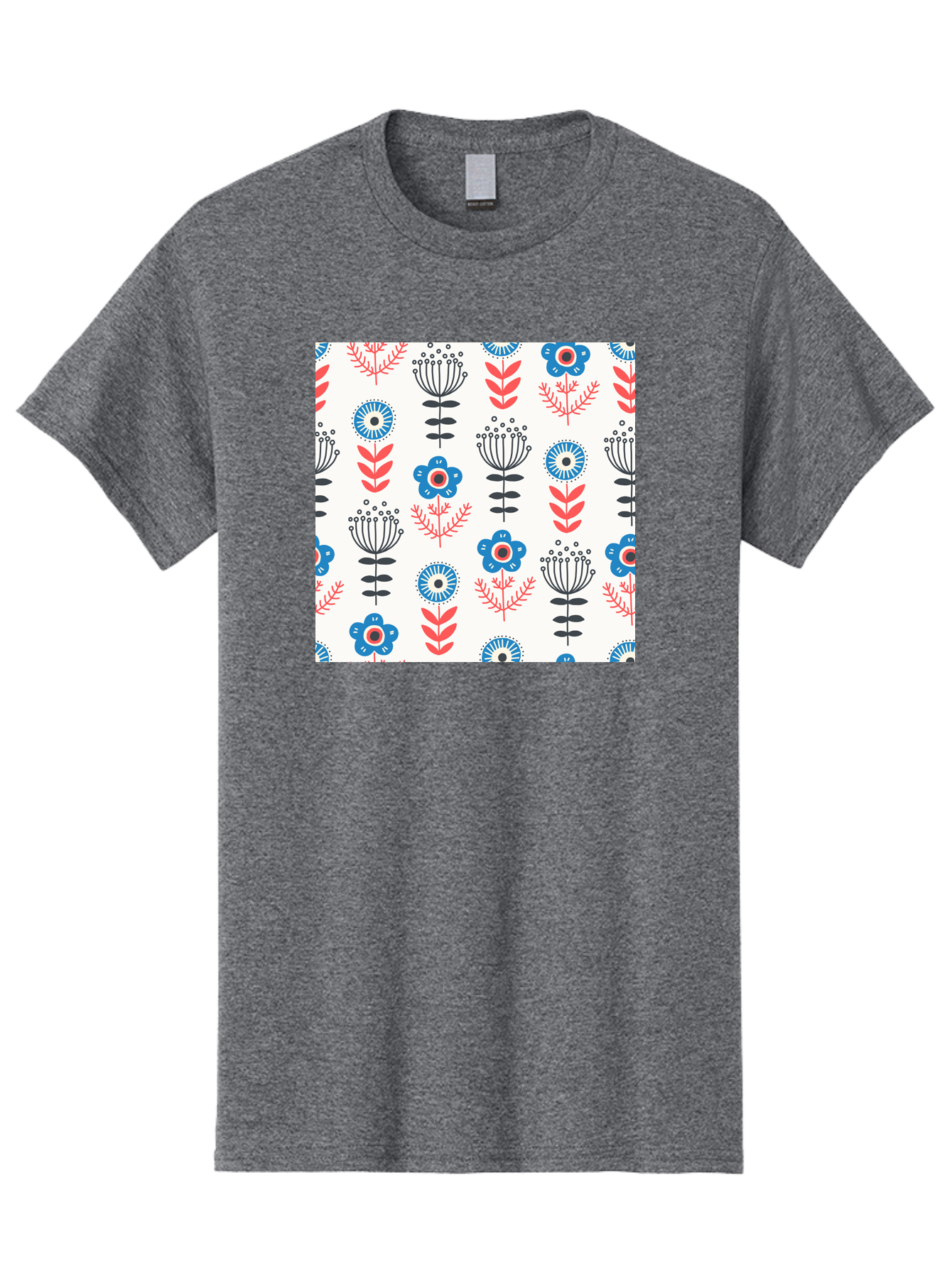 Floral-Pattern Men'S Graphic Tee, 100% Cotton, Comfortable Casual Summer Wear, Machine Washable, Floral Pattern, Blue Flowers, Red Leaves, Black Stems, Folk Art Style, Botanical Design, Vintage Inspiration, Abstract Flowers, Aab720