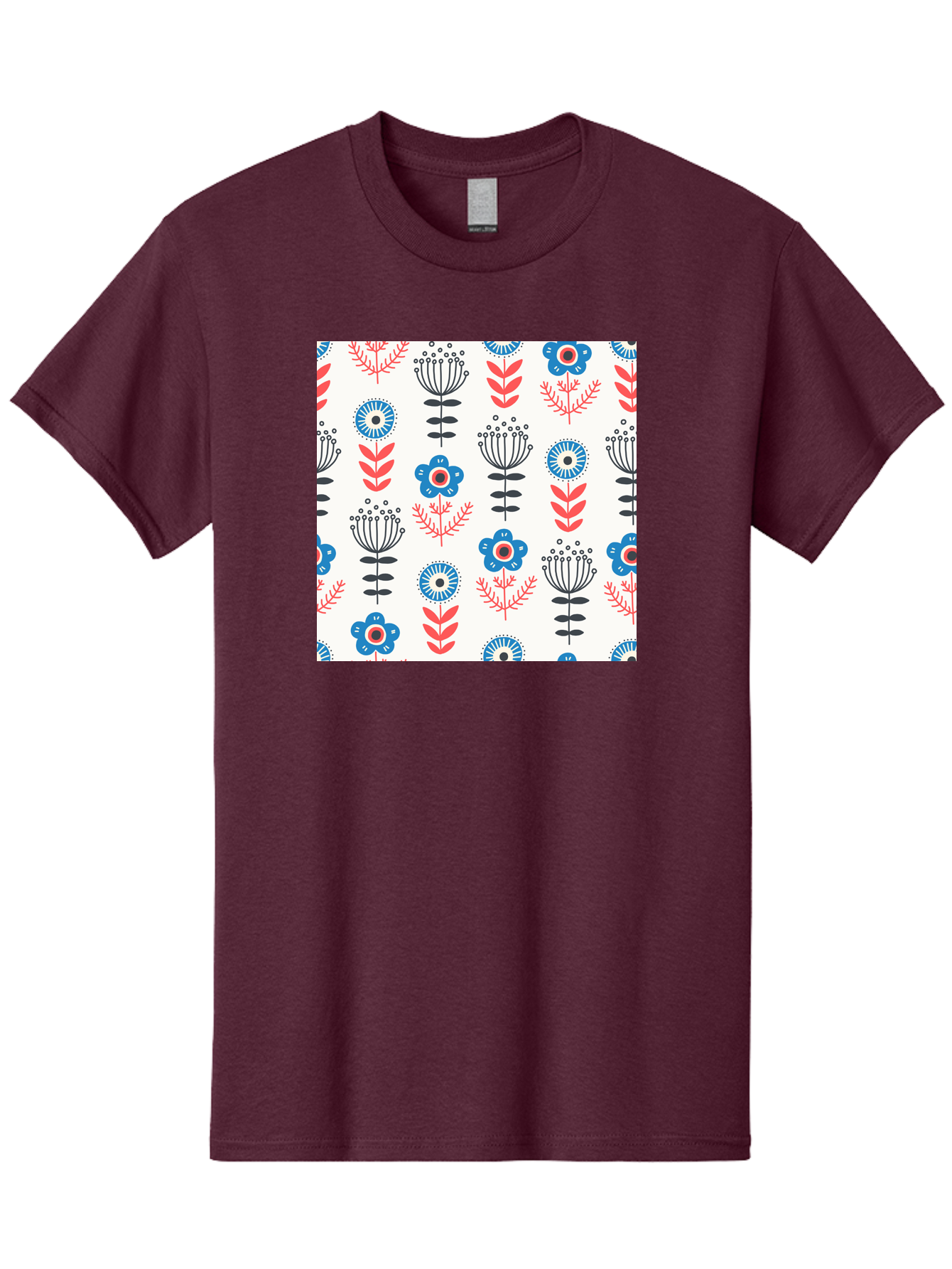 Floral-Pattern Men'S Graphic Tee, 100% Cotton, Comfortable Casual Summer Wear, Machine Washable, Floral Pattern, Blue Flowers, Red Leaves, Black Stems, Folk Art Style, Botanical Design, Vintage Inspiration, Abstract Flowers, Aab720