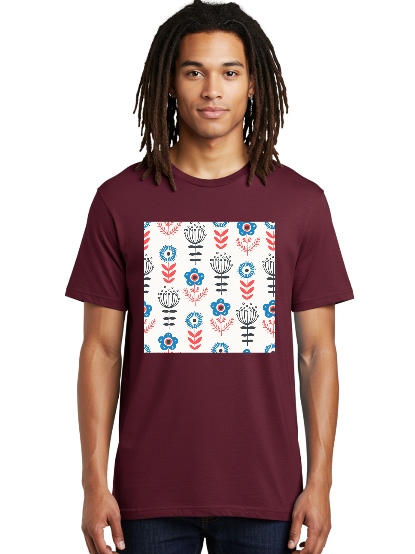 Floral-Pattern Men'S Graphic Tee, 100% Cotton, Comfortable Casual Summer Wear, Machine Washable, Floral Pattern, Blue Flowers, Red Leaves, Black Stems, Folk Art Style, Botanical Design, Vintage Inspiration, Abstract Flowers, Aab720
