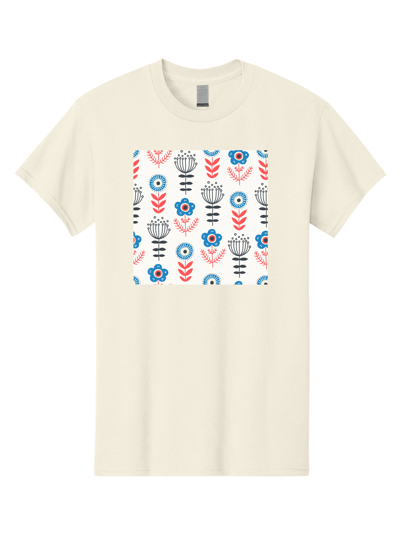 Floral-Pattern Men'S Graphic Tee, 100% Cotton, Comfortable Casual Summer Wear, Machine Washable, Floral Pattern, Blue Flowers, Red Leaves, Black Stems, Folk Art Style, Botanical Design, Vintage Inspiration, Abstract Flowers, Aab720