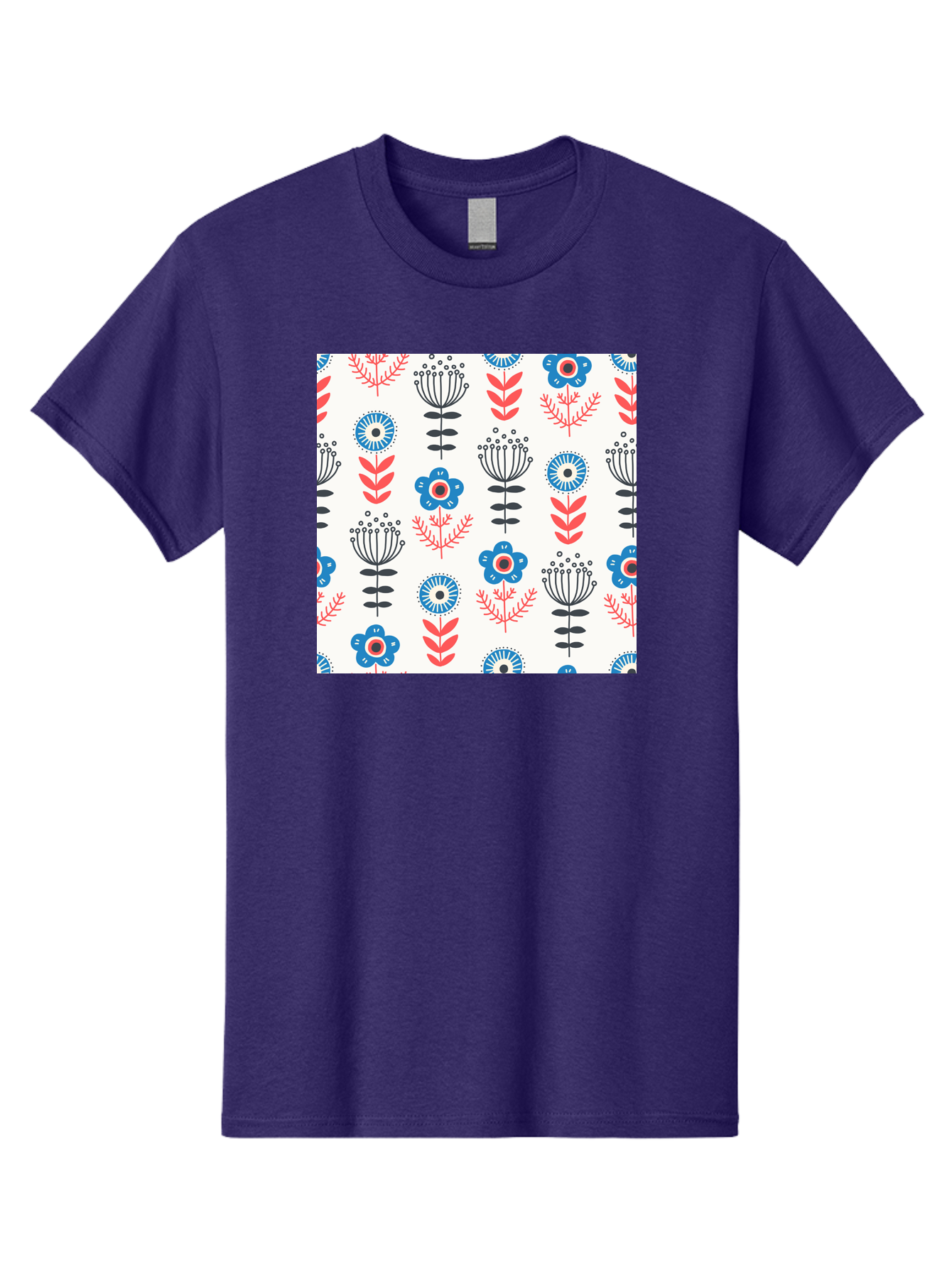 Floral-Pattern Men'S Graphic Tee, 100% Cotton, Comfortable Casual Summer Wear, Machine Washable, Floral Pattern, Blue Flowers, Red Leaves, Black Stems, Folk Art Style, Botanical Design, Vintage Inspiration, Abstract Flowers, Aab720