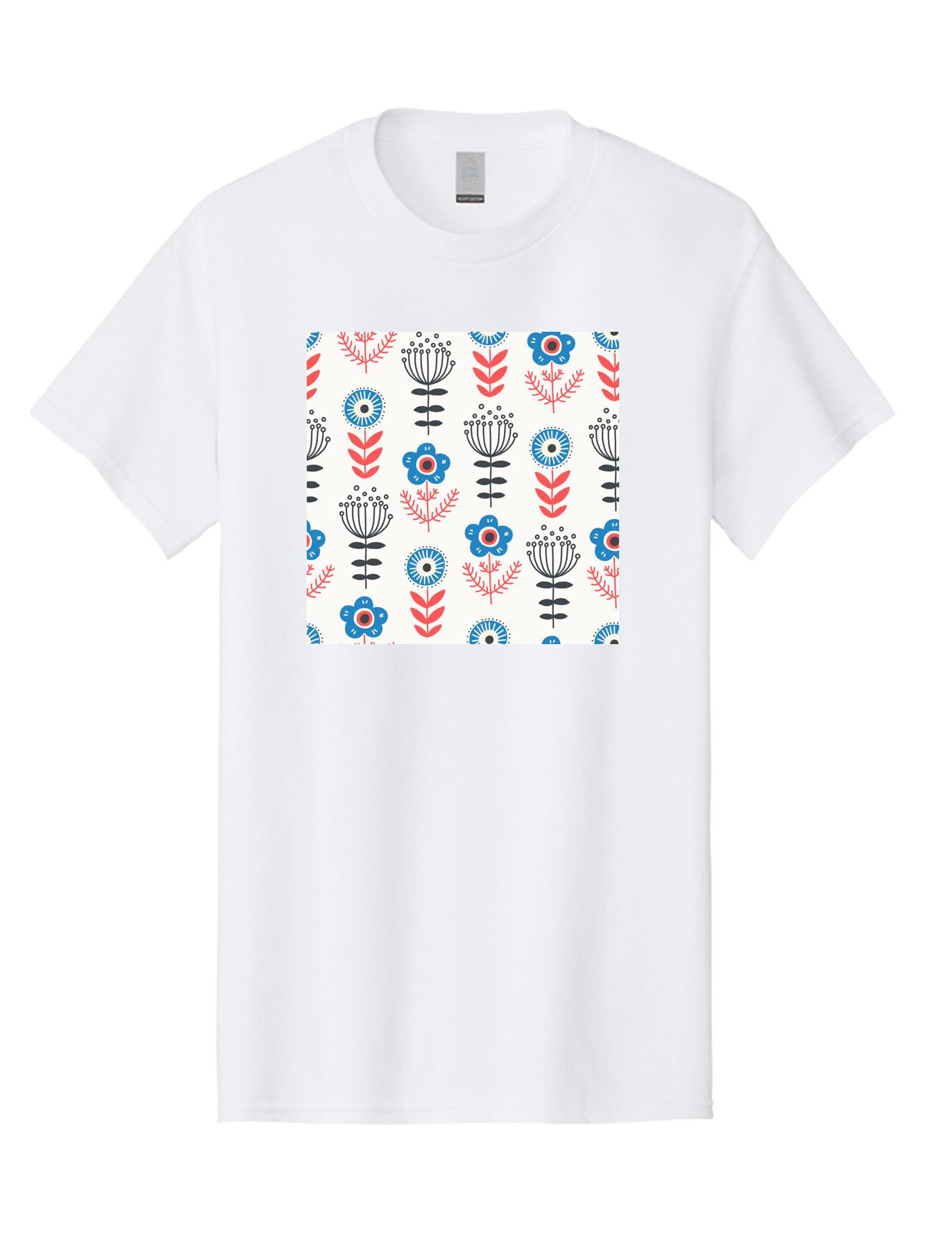 Floral-Pattern Men'S Graphic Tee, 100% Cotton, Comfortable Casual Summer Wear, Machine Washable, Floral Pattern, Blue Flowers, Red Leaves, Black Stems, Folk Art Style, Botanical Design, Vintage Inspiration, Abstract Flowers, Aab720
