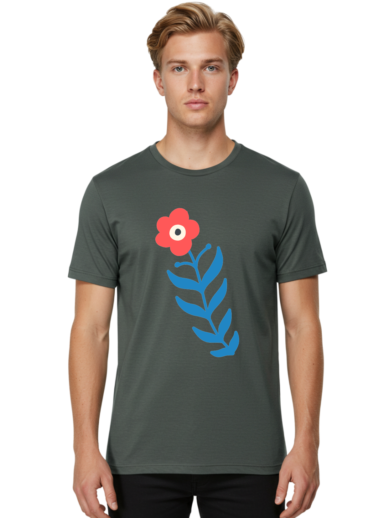 Flower-1 Men'S Graphic Tee, 100% Cotton, Comfortable Casual Summer Wear, Machine Washable, Pink Flower With Eye, Surreal Art, Abstract Design, Vibrant Petals, Blue Leaves, Minimalist Style, Quirky Illustration, Contemporary Artistry Aab721