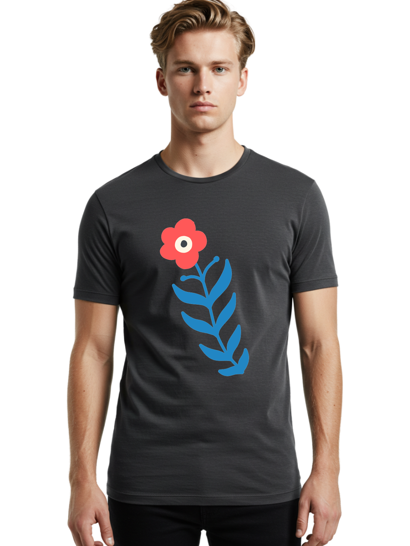 Flower-1 Men'S Graphic Tee, 100% Cotton, Comfortable Casual Summer Wear, Machine Washable, Pink Flower With Eye, Surreal Art, Abstract Design, Vibrant Petals, Blue Leaves, Minimalist Style, Quirky Illustration, Contemporary Artistry Aab721