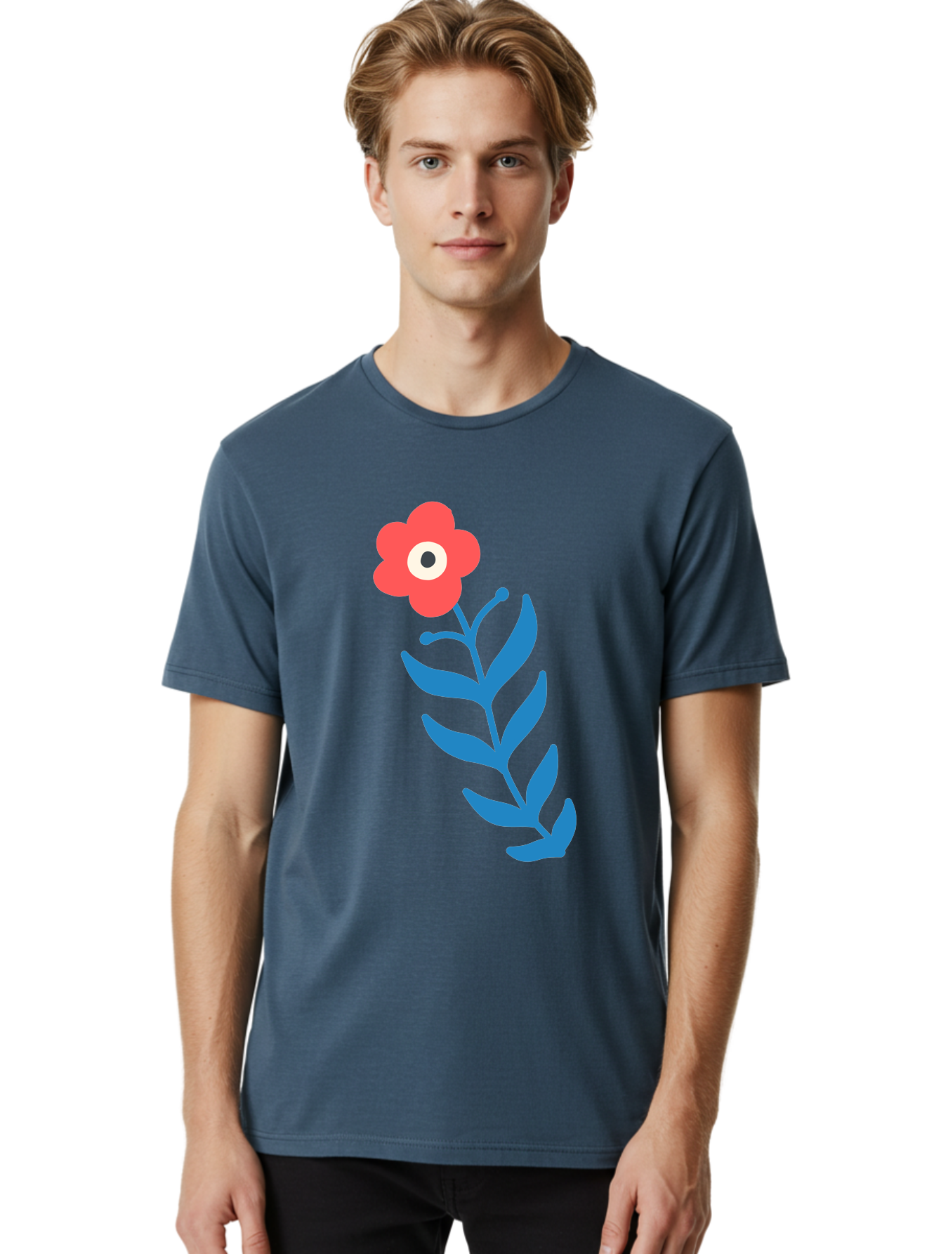 Flower-1 Men'S Graphic Tee, 100% Cotton, Comfortable Casual Summer Wear, Machine Washable, Pink Flower With Eye, Surreal Art, Abstract Design, Vibrant Petals, Blue Leaves, Minimalist Style, Quirky Illustration, Contemporary Artistry Aab721