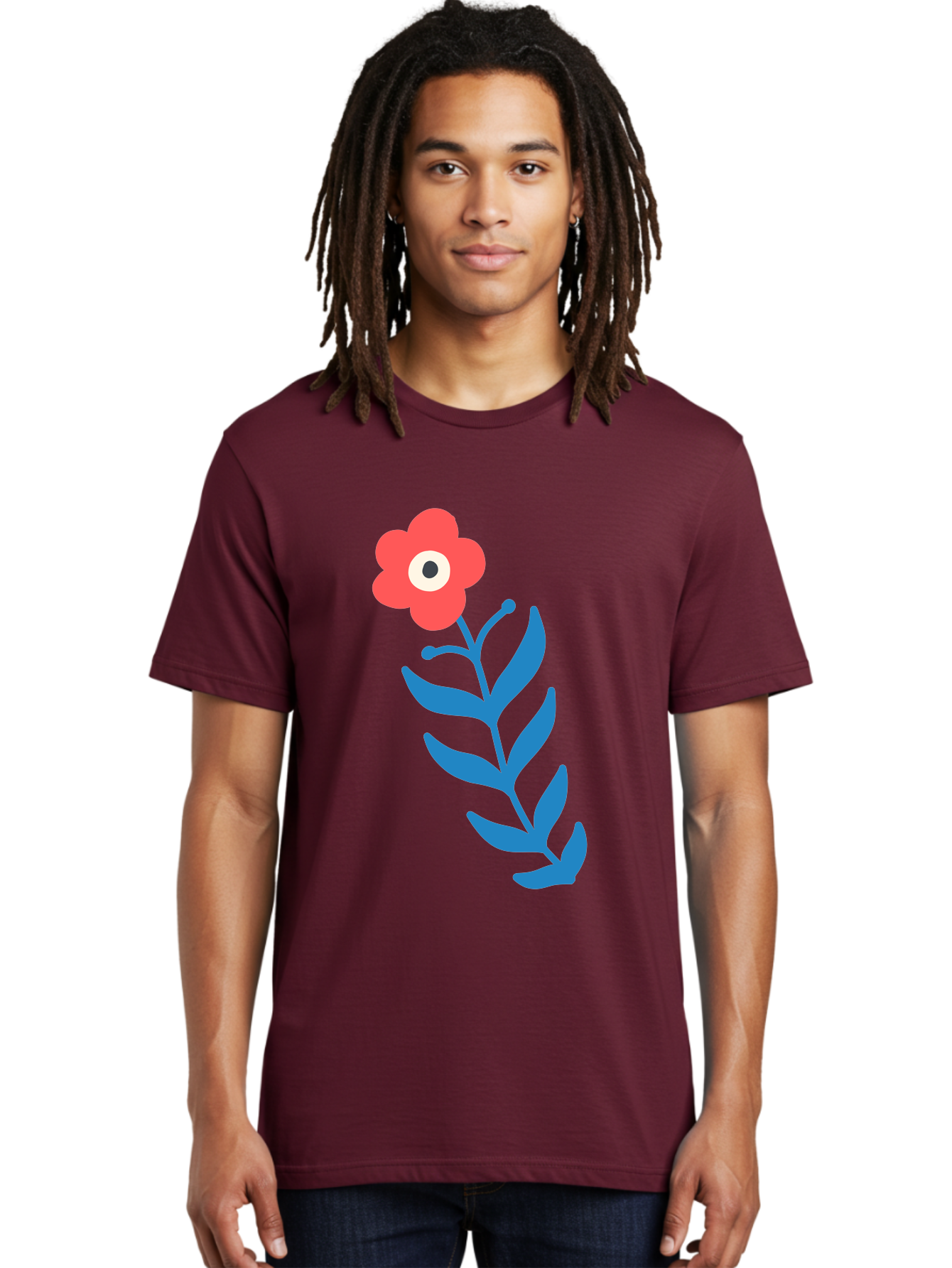Flower-1 Men'S Graphic Tee, 100% Cotton, Comfortable Casual Summer Wear, Machine Washable, Pink Flower With Eye, Surreal Art, Abstract Design, Vibrant Petals, Blue Leaves, Minimalist Style, Quirky Illustration, Contemporary Artistry Aab721